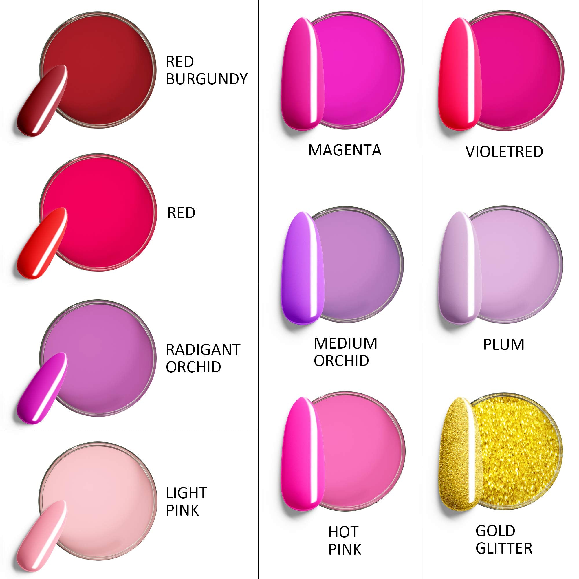 Dipping Nail Powder Wenida 10 Colors Red Burgundy Gold Glitter Purple Festival French Manicure Nail Art Set with Silicone Brush Nail Grit File 10 pcs False Nails