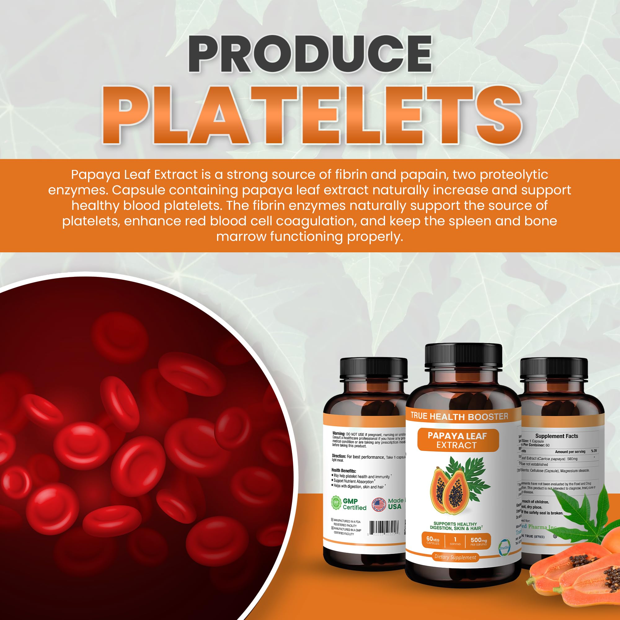 TrueMed Papaya Leaf Extract 500 mg Supports Digestive Health, Skin, Hair & Immunity Promotes Platelet Health & Nutrient Absorption 60 Veg Capsules Natural Antioxidant