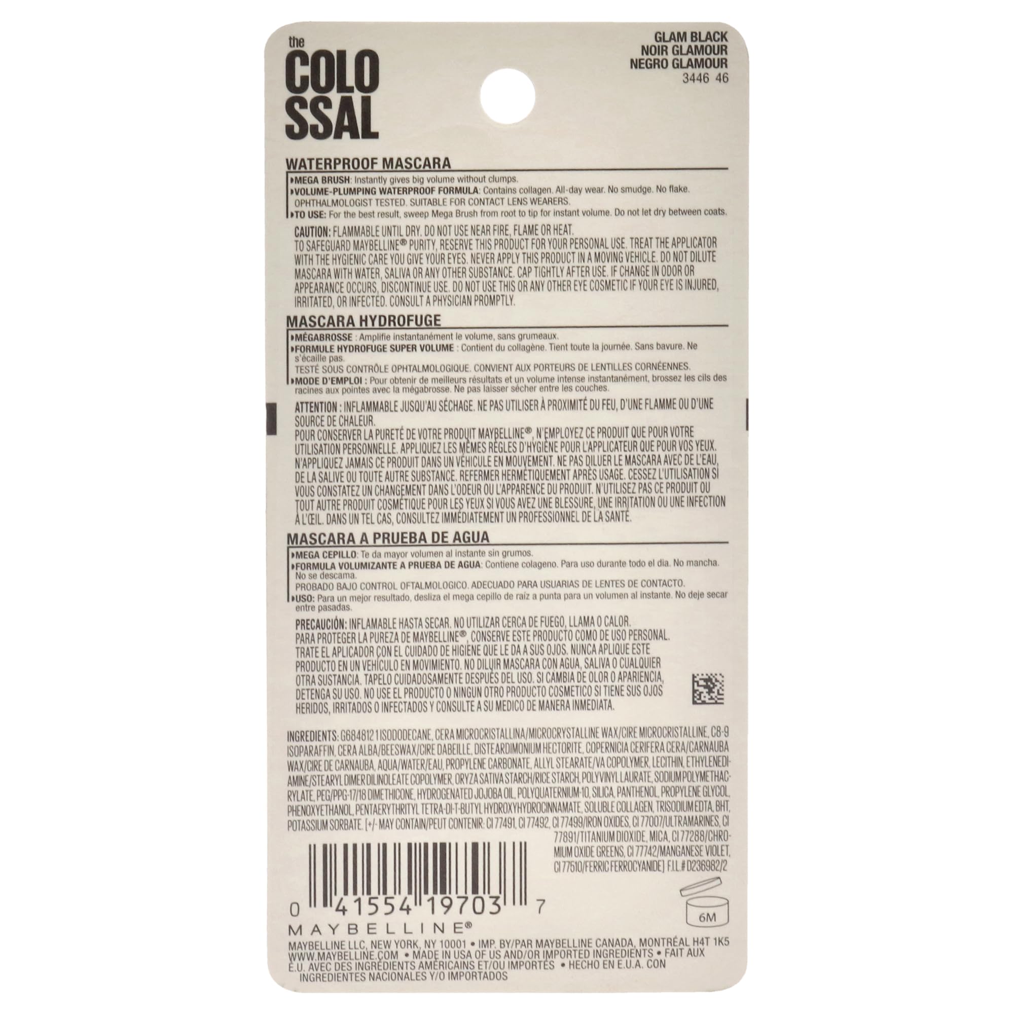 Maybelline Volum' Express Colossal Waterproof Mascara Makeup, Volumizing, Glam Black, 1 Count