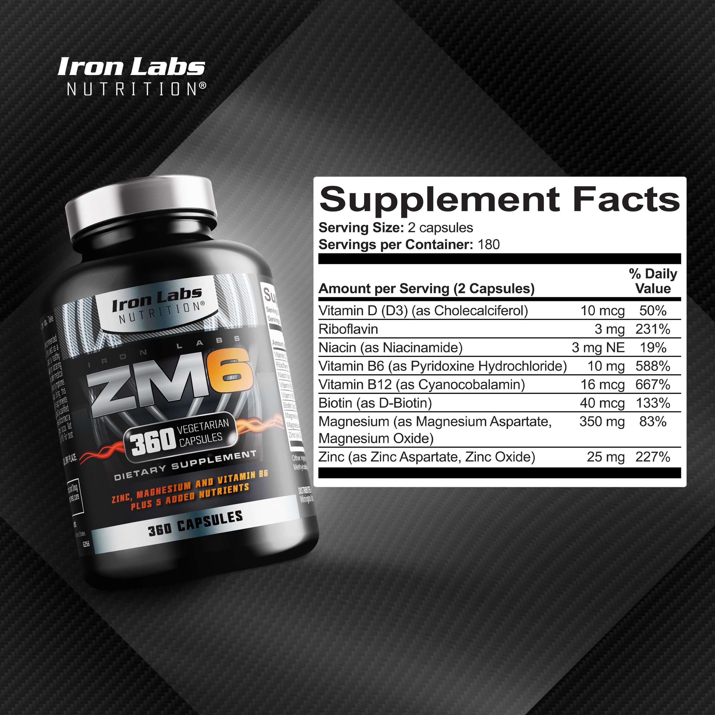 Iron Labs ZM6 - High Strength Zinc and Magnesium Supplement - 360 Vegetarian Capsules (6 Month Supply) - Super Enhanced Zinc Magnesium Aspartate and B6 Complex