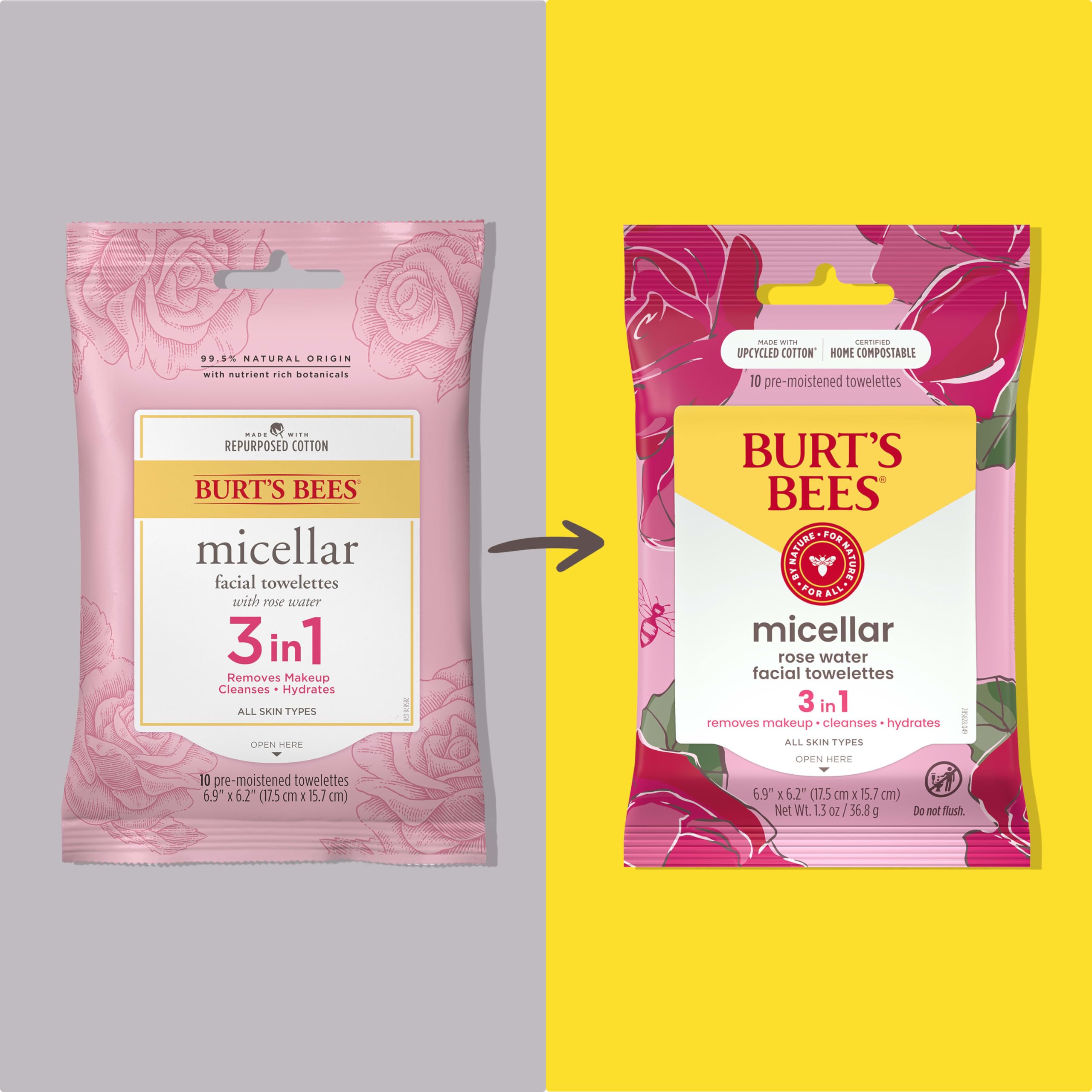 Burt's Bees Micellar Facial Towelettes With Rose Water, Pre-Moistened Towelettes for All Skin Types, 99.5 Percent Natural Origin Skin Care, 10 ct. Package
