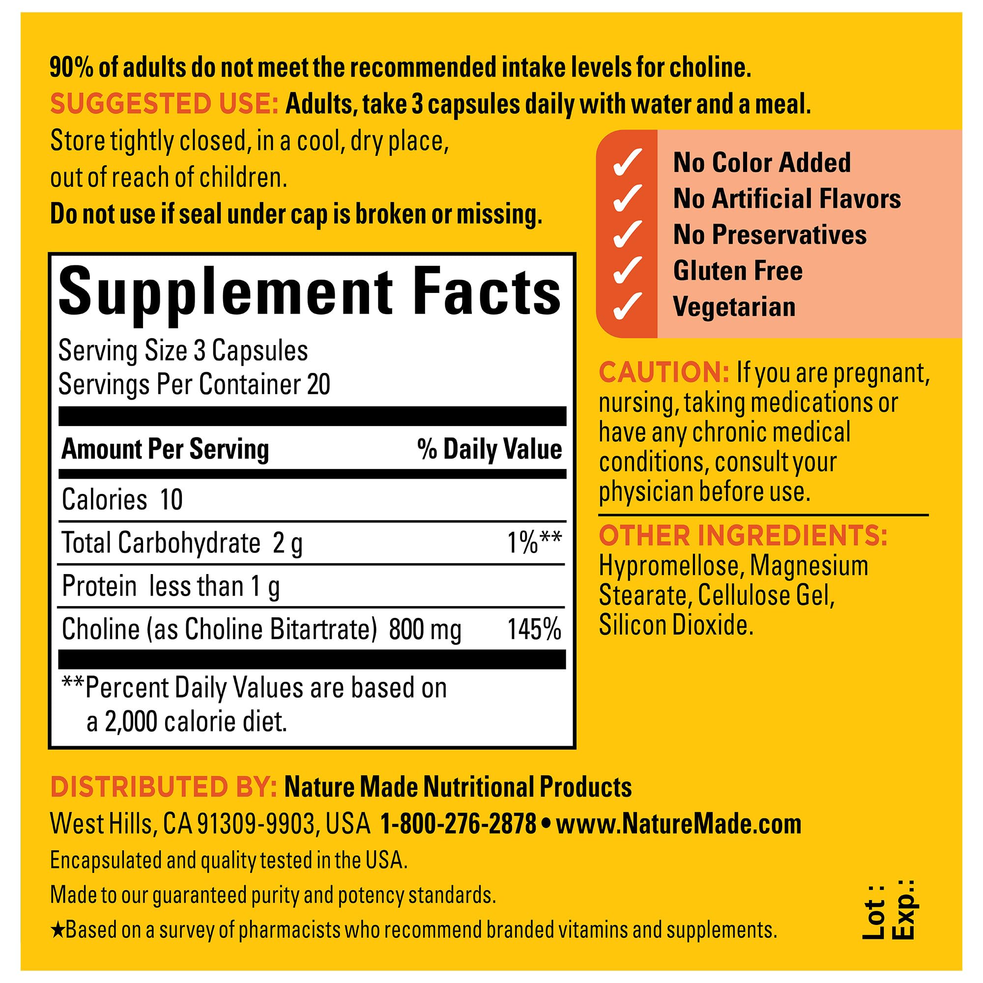 Nature Made Extra Strength Dosage Choline Supplements 800 Mg Per 3 Capsules, Brain Health, Mood, Muscle & Liver Support, Vegetarian, 60 Capsules, 20 Day Supply