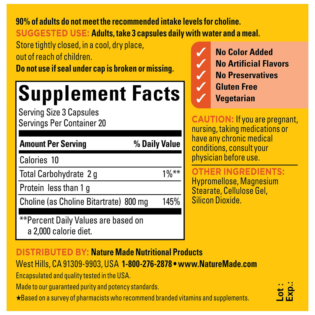 Nature Made Extra Strength Dosage Choline Supplements 800 Mg Per 3 Capsules, Brain Health, Mood, Muscle & Liver Support, Vegetarian, 60 Capsules, 20 Day Supply