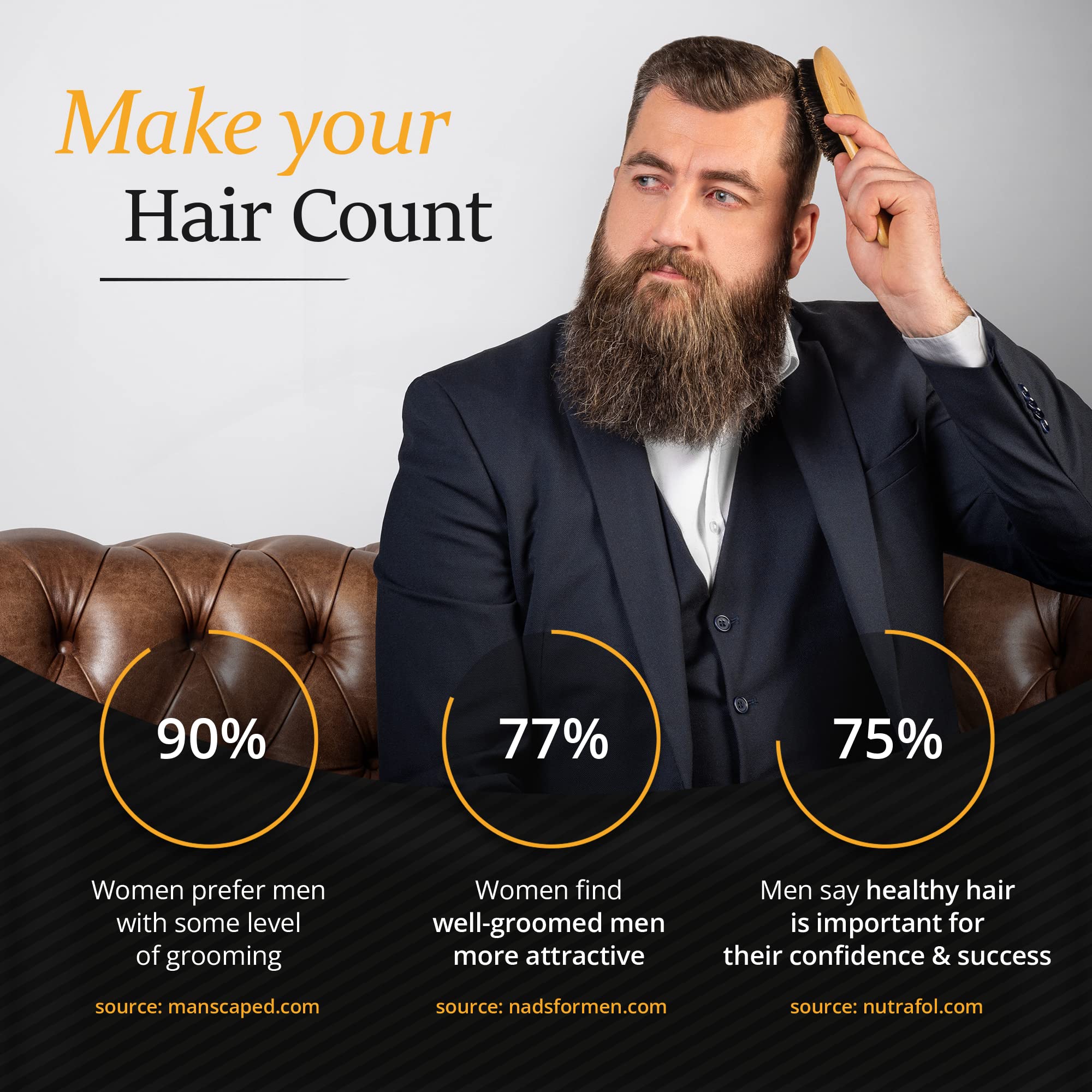 Belula Soft Bristle Brush Set for Men - Hairbrush for Thin, Normal and Short Hair, Wooden Comb, 2 Palm Brushes & Travel Bag Included