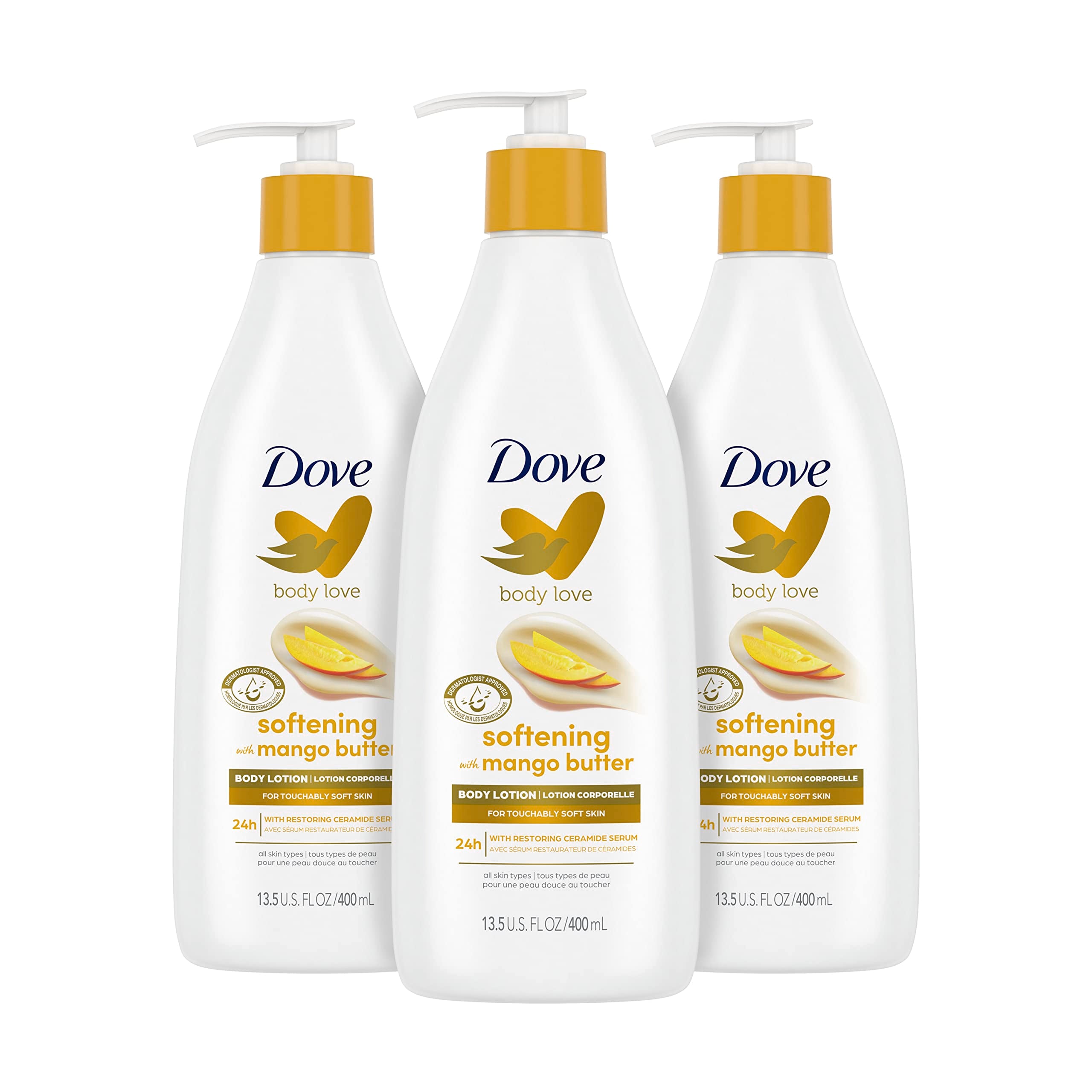 Dove Body Love Glowing Care Body Lotion For Soft, Nourishing Skin Care Mango & Almond Butter Hydrates and Absorbs Quickly, White, 13.5 Oz, 3 Count