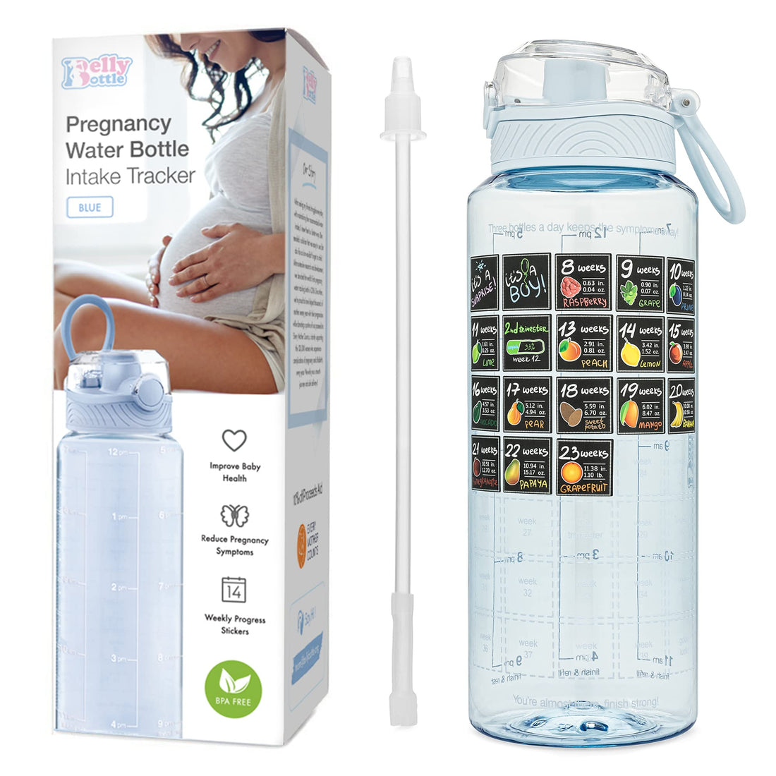 BellyBottle Pregnancy Water Bottle Tracker – Pregnancy Must Haves – Pregnancy Gifts for Expecting Mom – Pregnancy Essentials Nausea Relief – Weekly Stickers + Straw + BPA Free – Blue