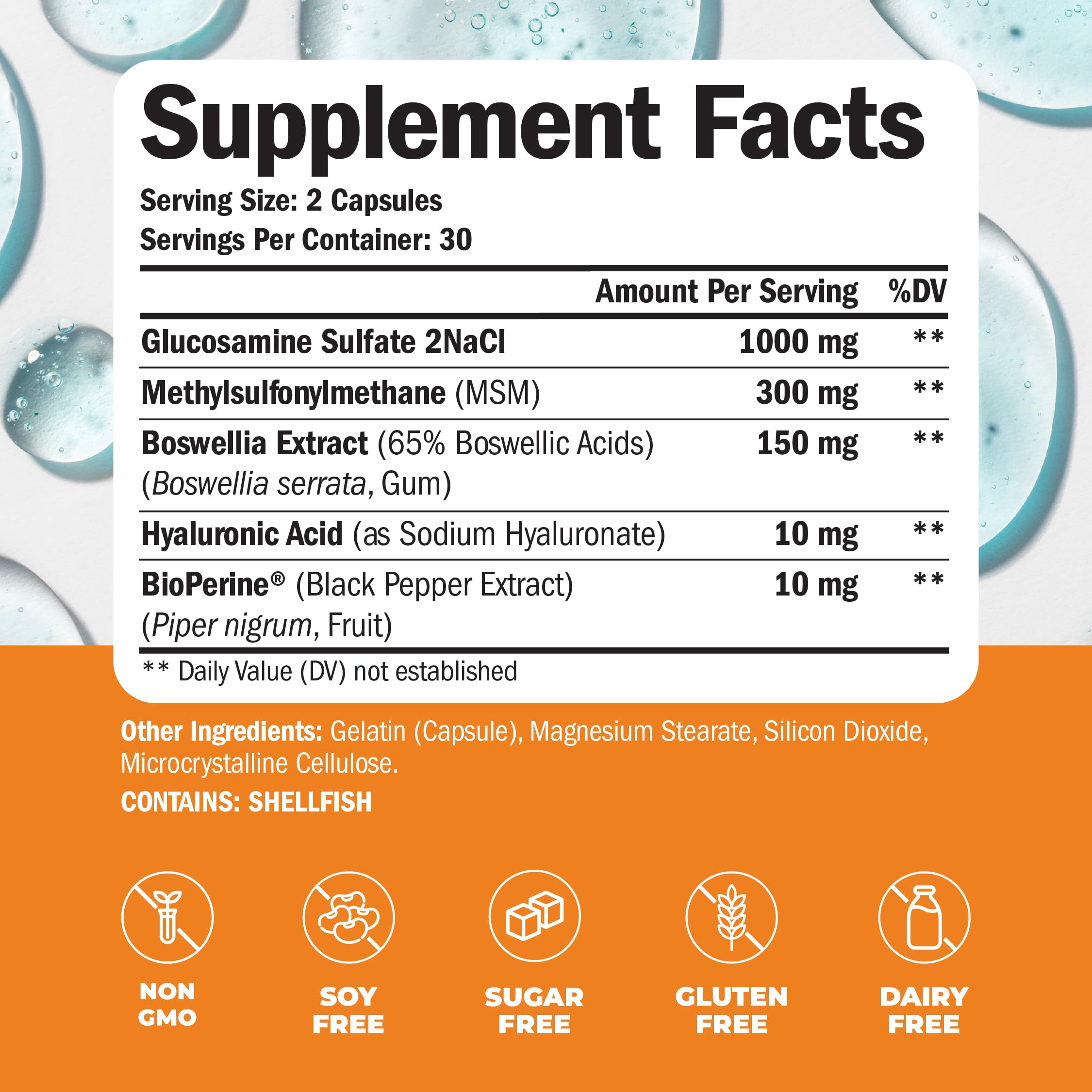 Glucosamine Sulfate with Hyaluronic Acid, Bioperine, MSM & Boswellia. 5-in-One Joint Support Supplement. Antioxidant & Inflammatory Support - Joint Health, Flexibility and Comfort. 60 Capsules