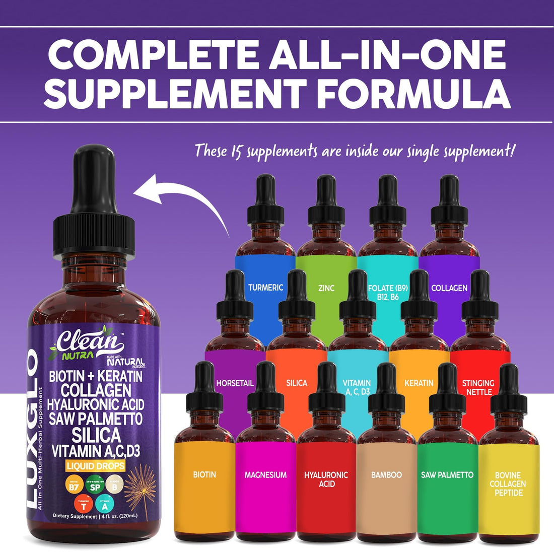 Biotin Liquid Drops Collagen Keratin Hyaluronic Acid Saw Palmetto for Hair Skin and Nails Silica Vitamin A C Vitamin D Bamboo Turmeric Zinc Folate Magnesium Horsetail LuxGlo by Clean Nutra