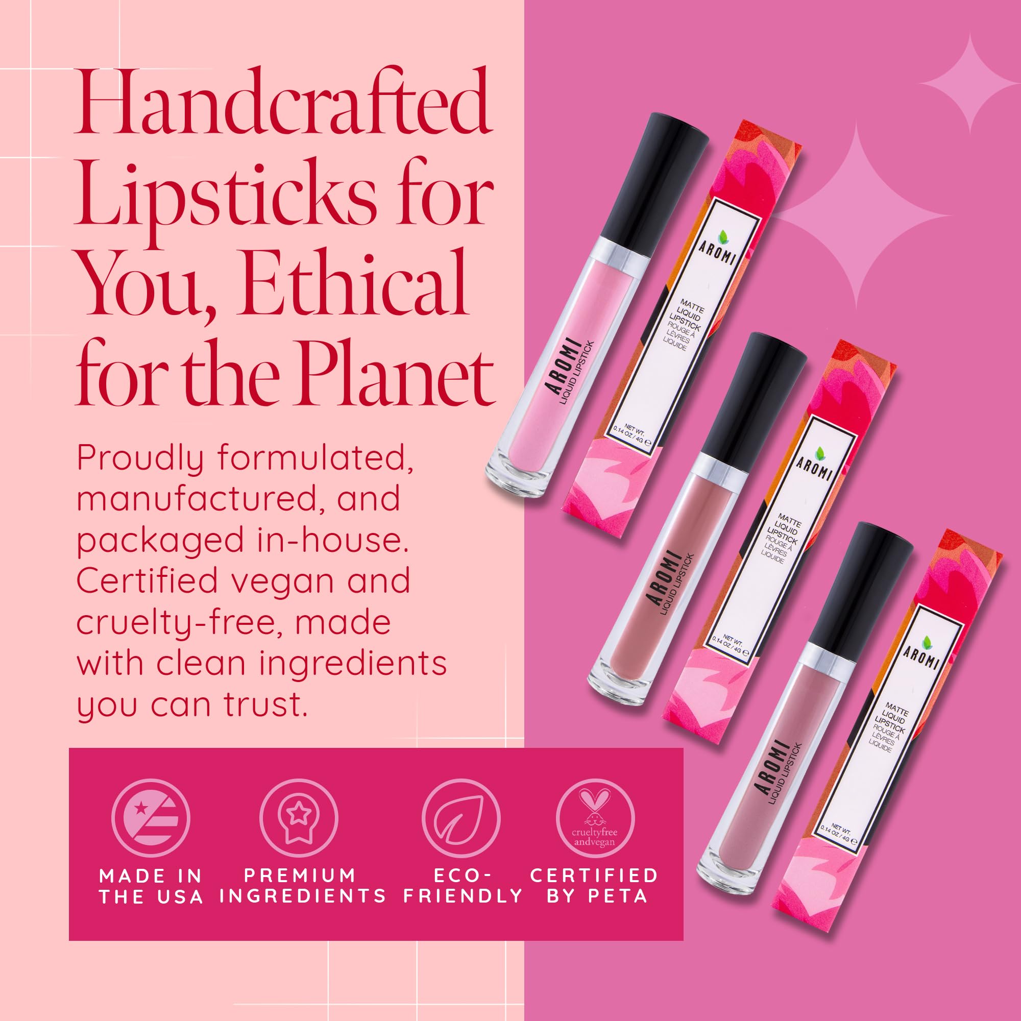 Aromi Baby Pink Matte Liquid Lipstick, Long-lasting, Light Pink Lip Color, Smudge Proof, Waterproof, Vegan and Cruelty-free Makeup, Gluten Free, Handmade