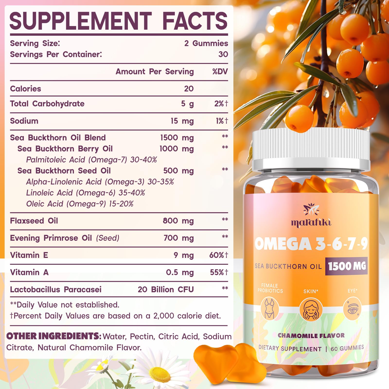 Omega 3 6 7 9 Gummies for Women - Omega 3 Supplement with Sea Buckthorn Oil, Flaxseed Oil, Evening Primrose Oil, Vitamins E, A & Probiotics - Skin, Eye & Dryness, Chamomile Flavor - 60 Gummies