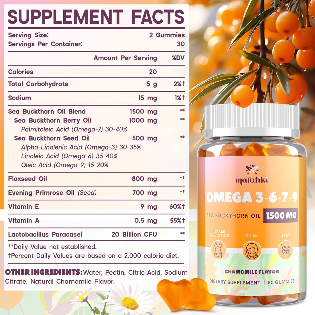 Omega 3 6 7 9 Gummies for Women - Omega 3 Supplement with Sea Buckthorn Oil, Flaxseed Oil, Evening Primrose Oil, Vitamins E, A & Probiotics - Skin, Eye & Dryness, Chamomile Flavor - 60 Gummies