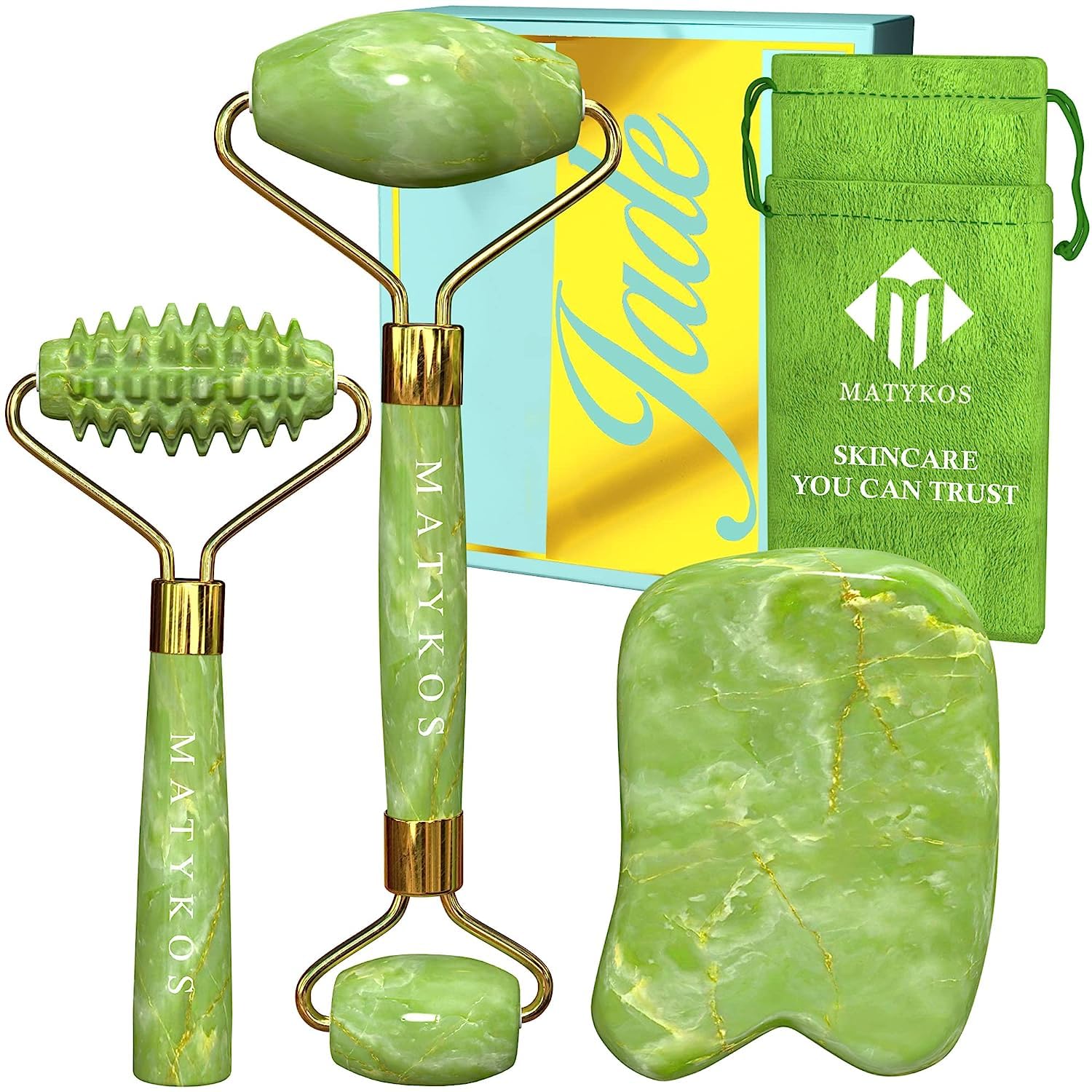 3 in 1 Jade Roller for Face and Gua Sha Set - Helps Reducing Drainage Puffiness Wrinkles Authentic Jade Face Massager Kit - Ridged Roller and Carrying Pouch
