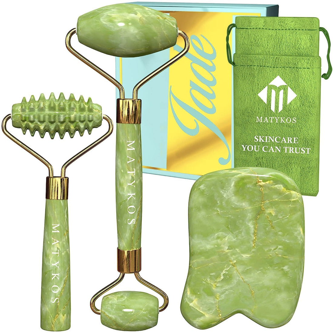 3 in 1 Jade Roller for Face and Gua Sha Set - Helps Reducing Drainage Puffiness Wrinkles Authentic Jade Face Massager Kit - Ridged Roller and Carrying Pouch