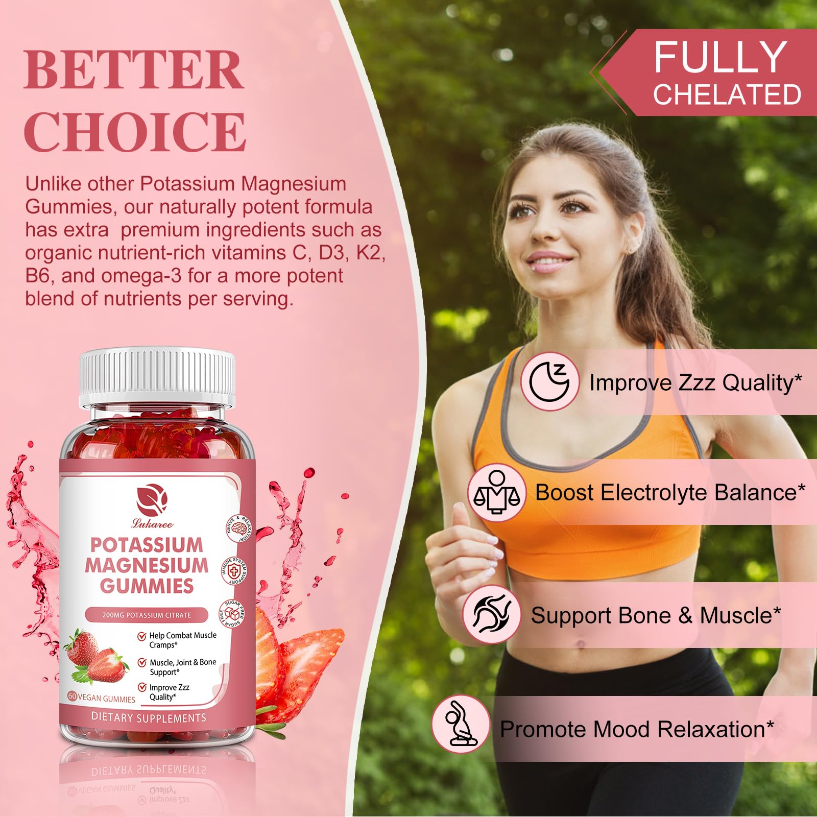 Magnesium Potassium Supplement Gummies - New Formula Calm Magnesium Glycinate Gummies & Potassium Citrate 200 mg Plus Omega 3, B6, D3, K2 & Calcium for Zzz, Leg Cramps & Muscle - 120 Gummies