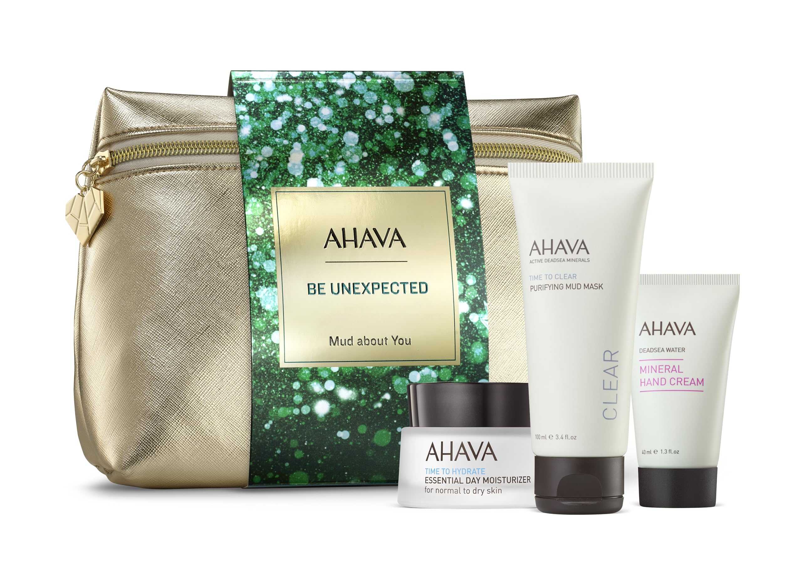 AHAVA Mud about You Gift Set, Includes Essential Day Moisturizer 50ml, Purifying Mud Mask 100ml, and Mineral Hand Cream 40ml