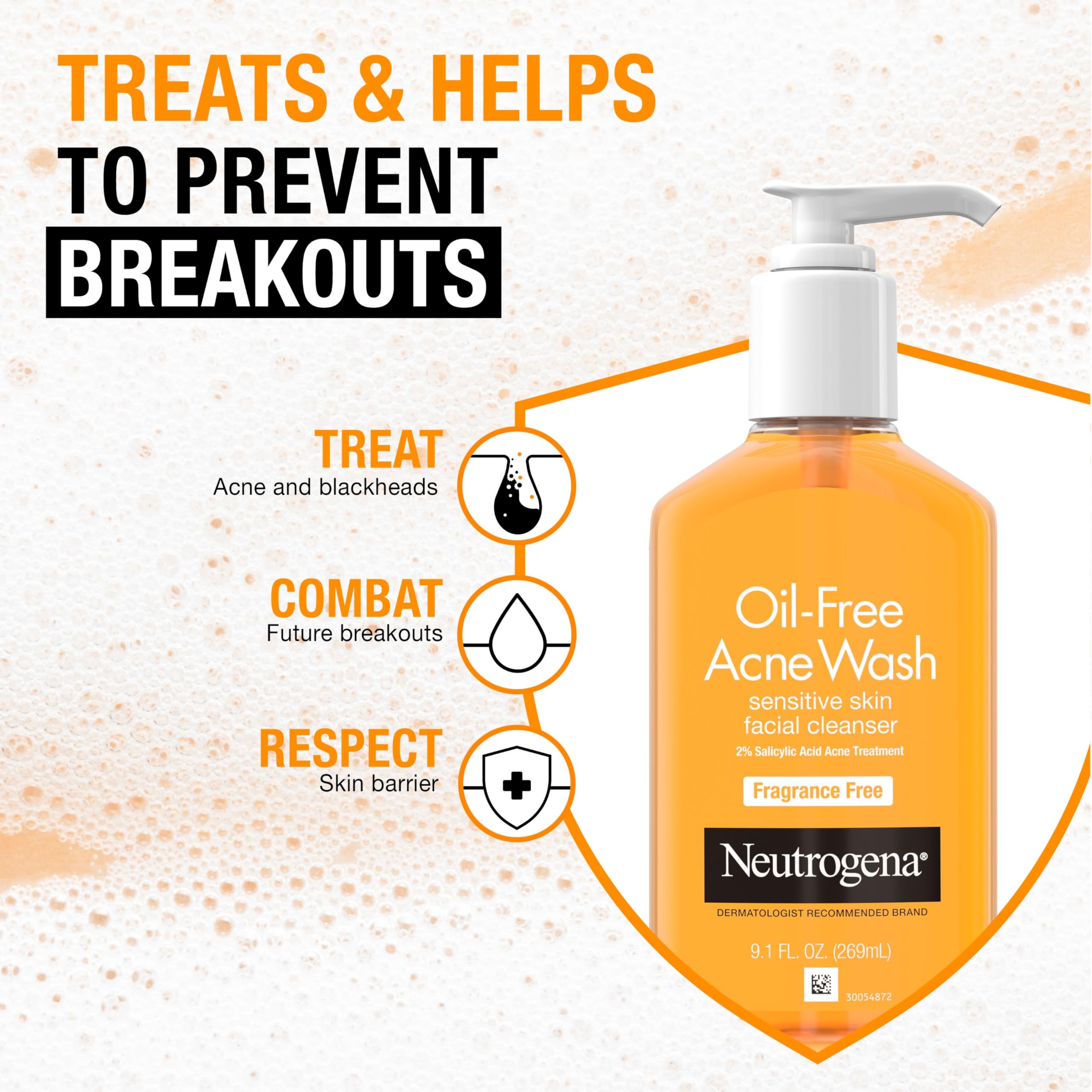 Neutrogena Oil-Free Acne Face Wash, Sensitive Skin Facial Cleanser with 2% Salicylic Acid Acne Treatment, Daily Fragrance Free Face Wash for Acne Prone Skin, 9.1 fl oz