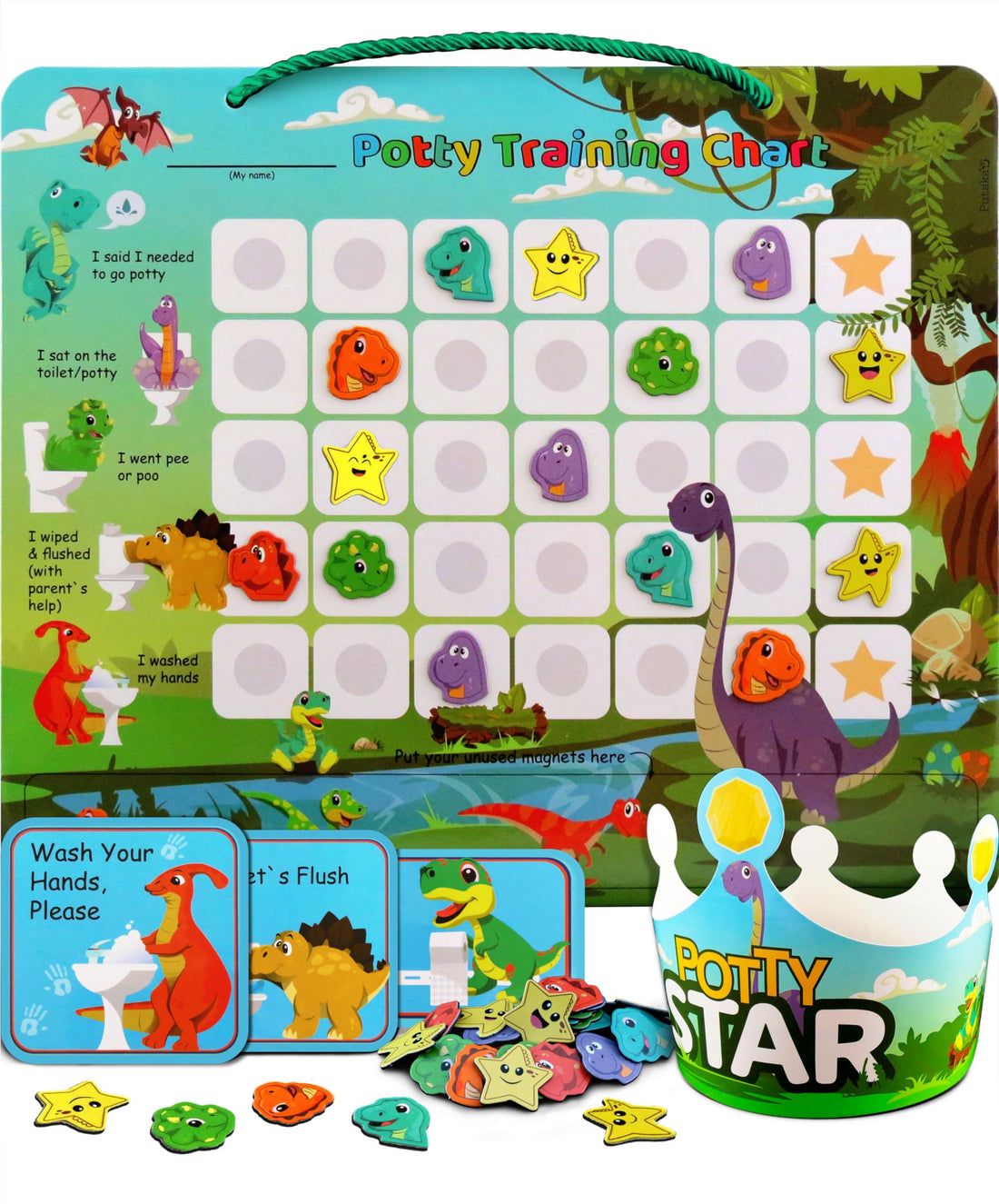 Potty Training Chart with 35 Stickers, 3 Reminder Stickers and Crown for Toddlers Boys and Girls - Potty Training Rewards for Kids - Dino