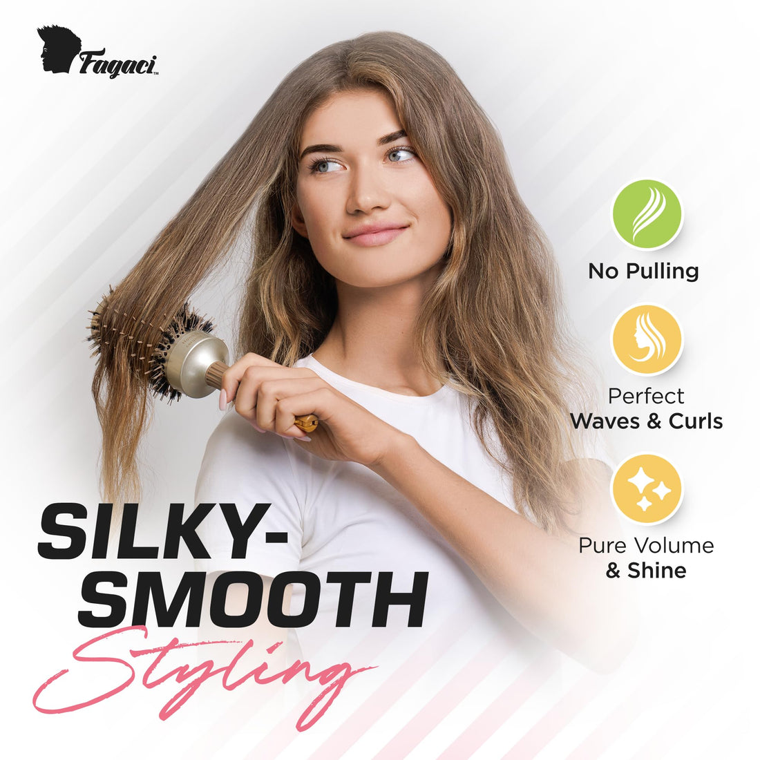 Fagaci Round Brush for Blow Drying with Natural Boar Bristle, Professional Round Hair Brush Nano Technology Ceramic + Ionic for Hair Styling, Drying, Healthy Hair and Add Volume + 4 Styling Clips