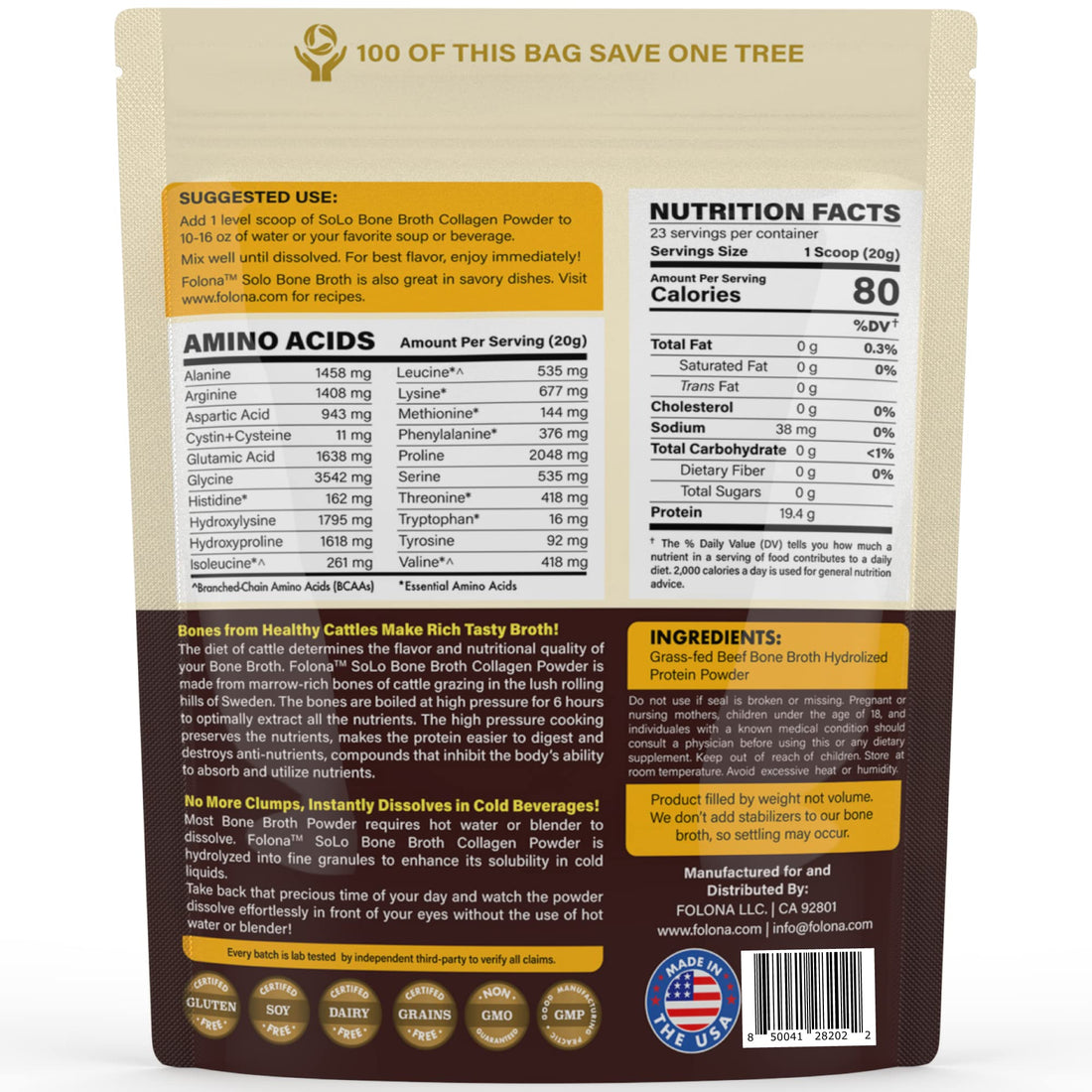 Solo Bone Broth Protein Collagen Powder Low Sodium, 16g Hydrolyzed Collagen Type I & III, for Healthy Skin, Nails, Hair, Joints & Digestion, Grass Fed, 1 lb (Bag - Net Wt. 1 lb. Powder)