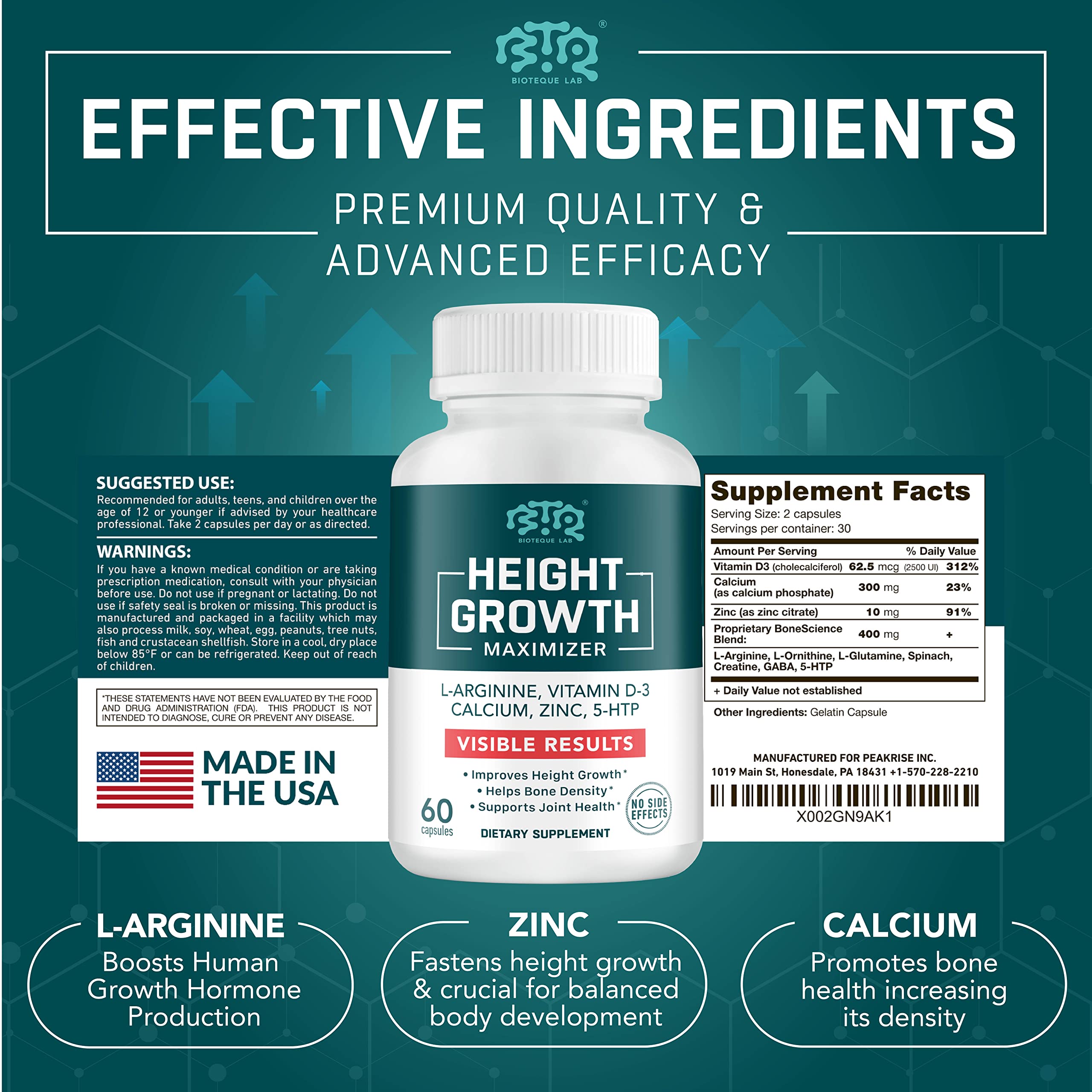 BIOTEQUELAB Height Growth Maximizer, Calcium, Vitamin D3 and Zinc Blend Pills, Bone Growth Supplement for Kids and Teens, Bone Strength, Density Support, GMO-Free, Gluten-Free, Made in USA, 60 Caps