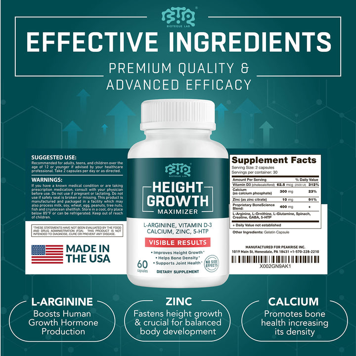 BIOTEQUELAB Height Growth Maximizer, Calcium, Vitamin D3 and Zinc Blend Pills, Bone Growth Supplement for Kids and Teens, Bone Strength, Density Support, GMO-Free, Gluten-Free, Made in USA, 60 Caps