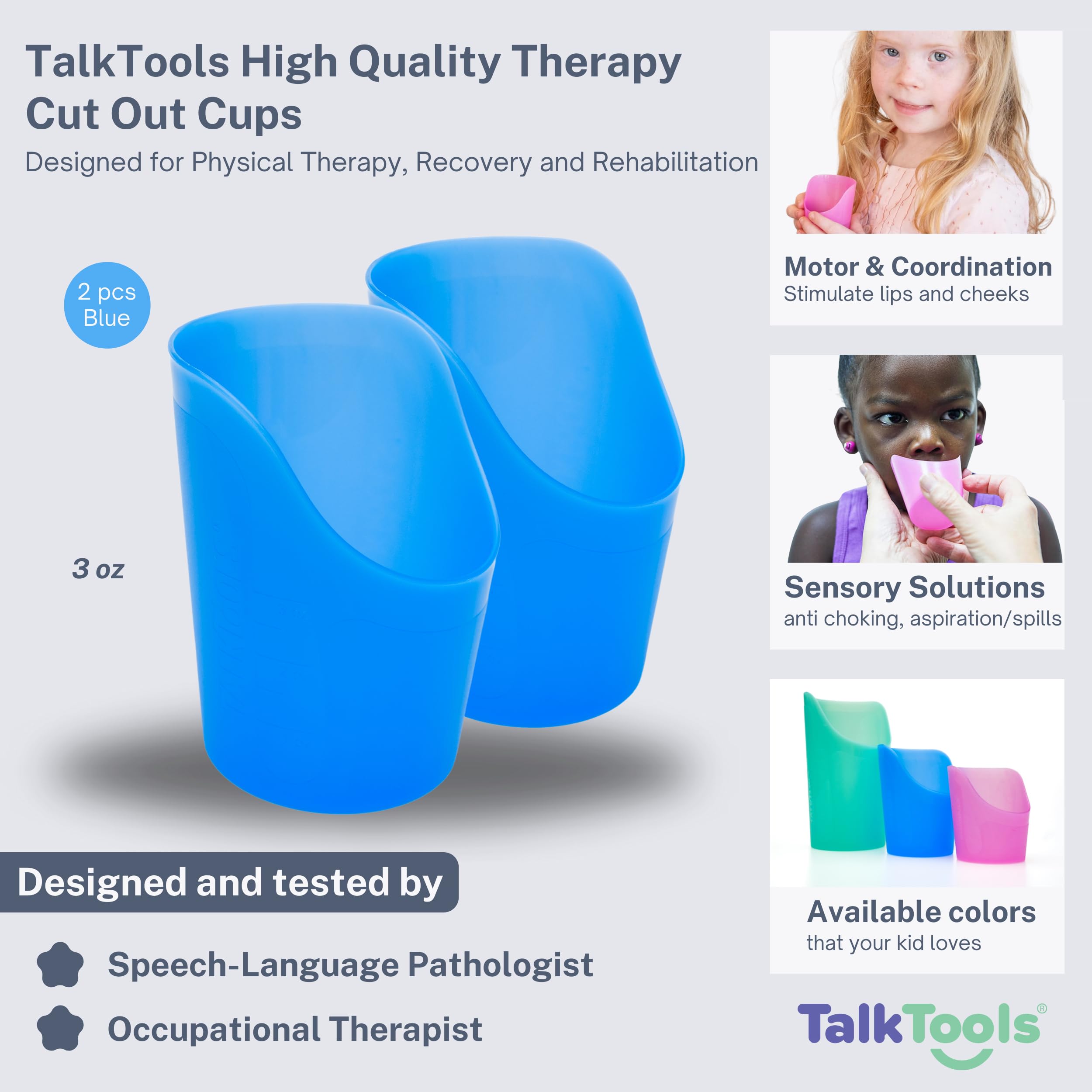 TalkTools Cut Out Cups - Motor and Coordination Support | Drinking Glass for Stable and Fixed Position | Special Drinking and Therapy Training Cup | Easy to Grip and Sipping | 3 oz Blue (2 Pk)