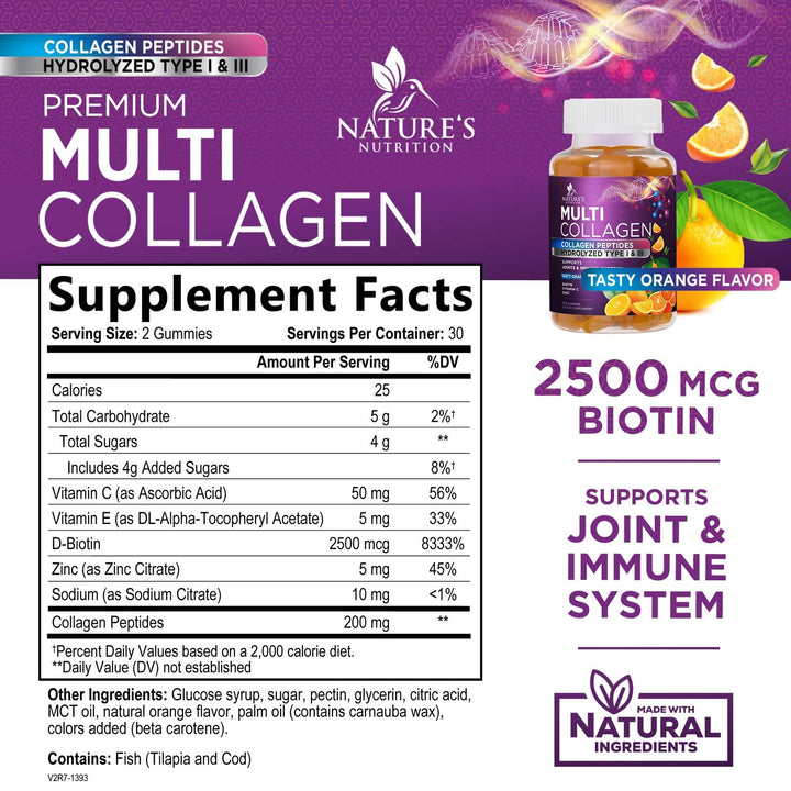 Collagen Gummies with 2500mcg Biotin, Vitamin C & Zinc - Hydrolyzed Type 1 & 3 Multi Collagen Peptides Supplement - Support for Hair, Skin, Nails & Joints, For Women & Men, Orange Flavored - 60 Count