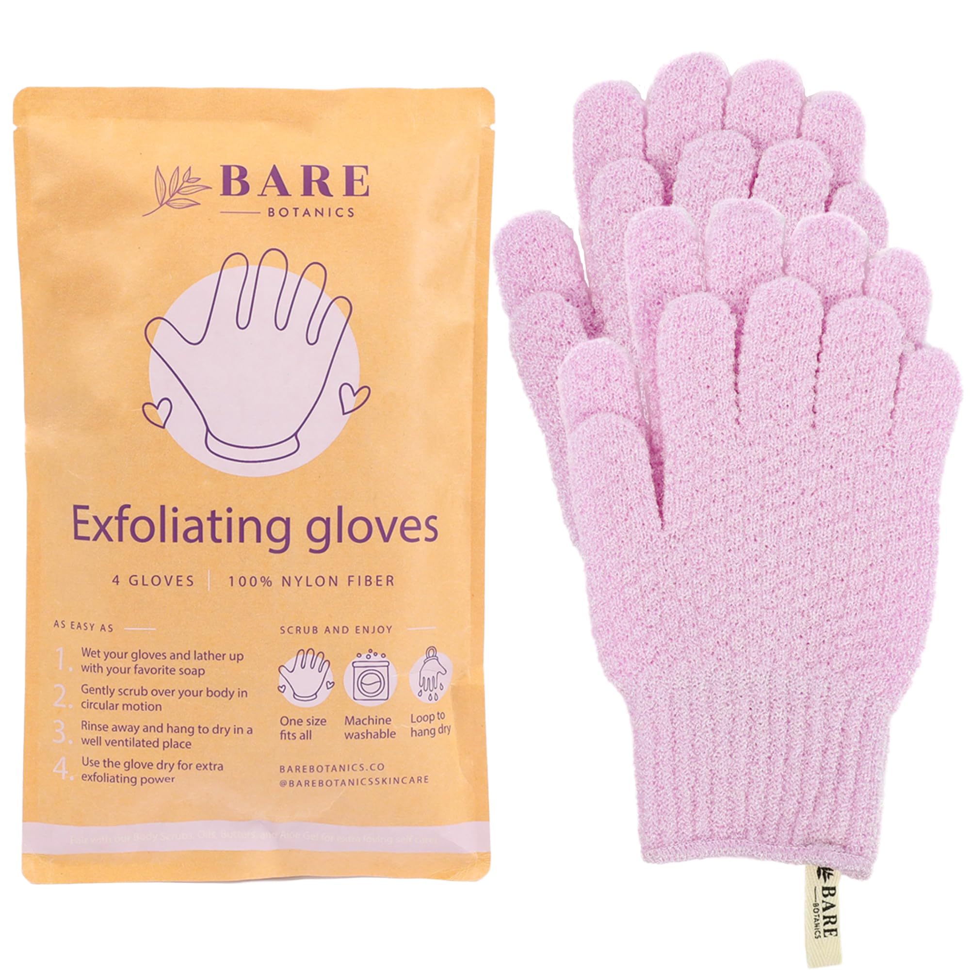 Bare Botanics 4 Pack Exfoliating Gloves for Shower (Lavender) - 100% Nylon Fibers - Exfoliating Bath Gloves - Shower Scrubber & Dead Skin Remover - Perfect for Wet & Dry Exfoliation