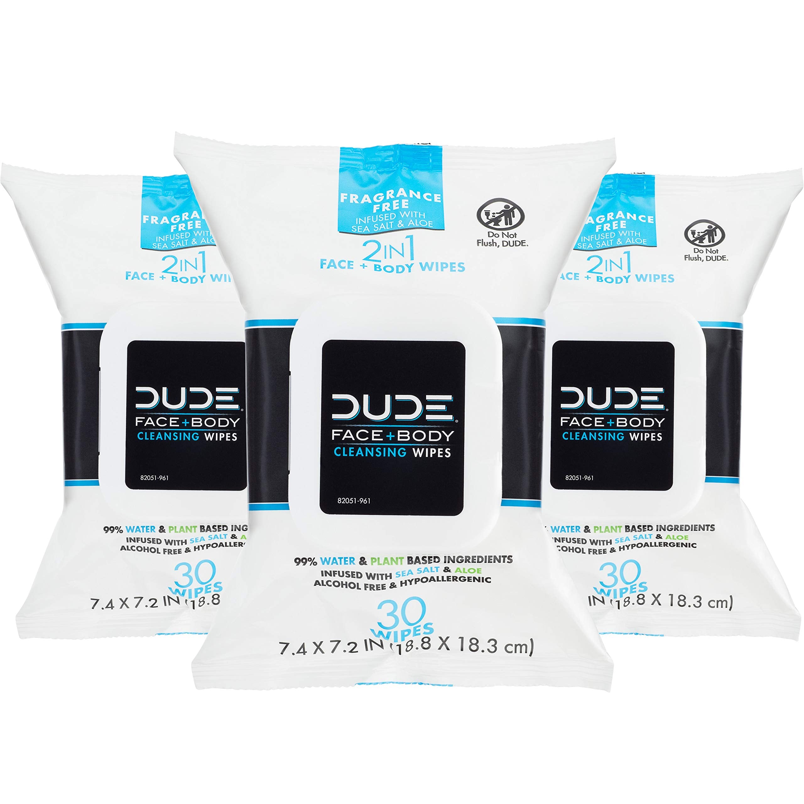 DUDE Face Wipes, Unscented for Sensitive Skin, Infused with Sea Salt & Aloe (3 Packs, 30 Wipes per Pack)