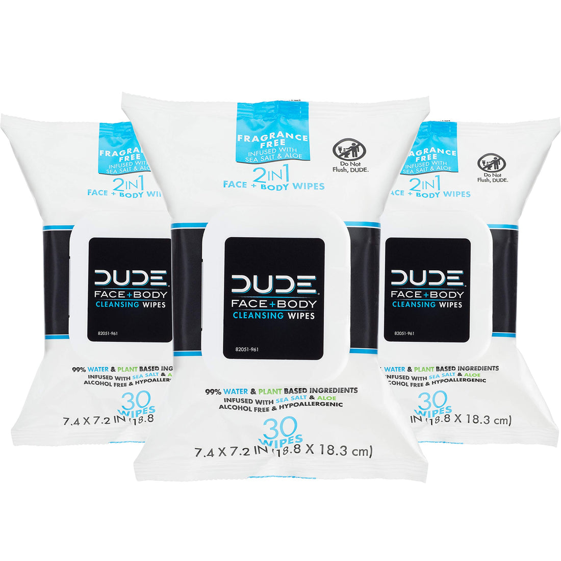 DUDE Face Wipes, Unscented for Sensitive Skin, Infused with Sea Salt & Aloe (3 Packs, 30 Wipes per Pack)
