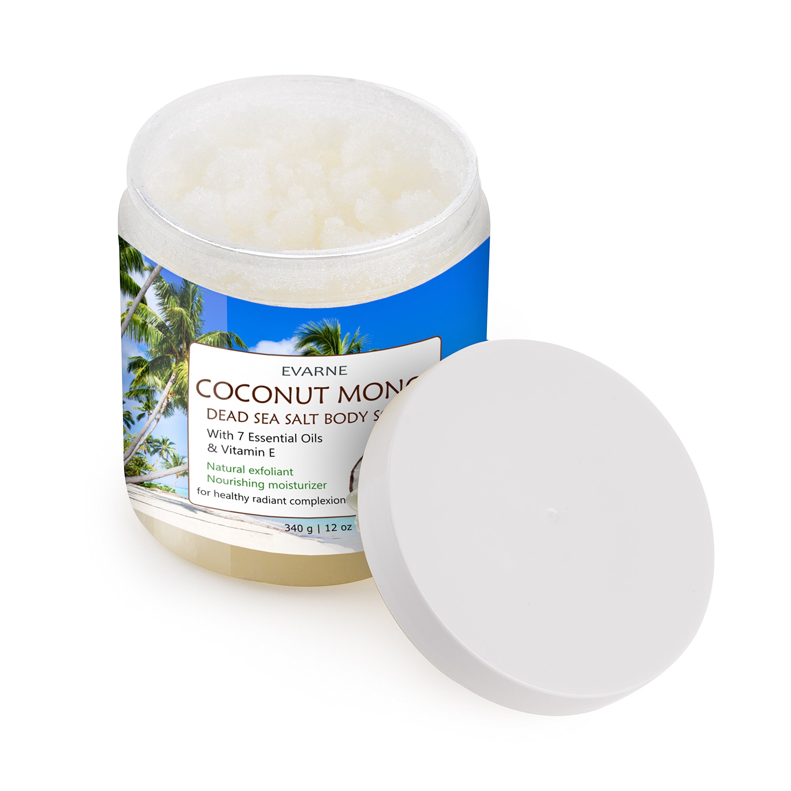 Evarne Coconut Monoi Dead Sea Salt Body Scrub with 7 Essential Oils and Vitamin E