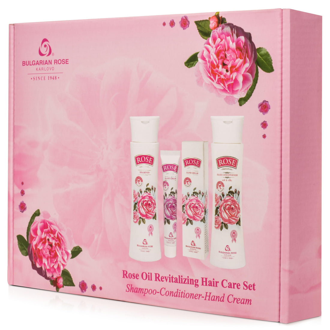 Rose Bulgarian Revitalizing Hair Care 3 Piece Gift Set - Natural Rose Shampoo, Hair Conditioner, Hand Cream