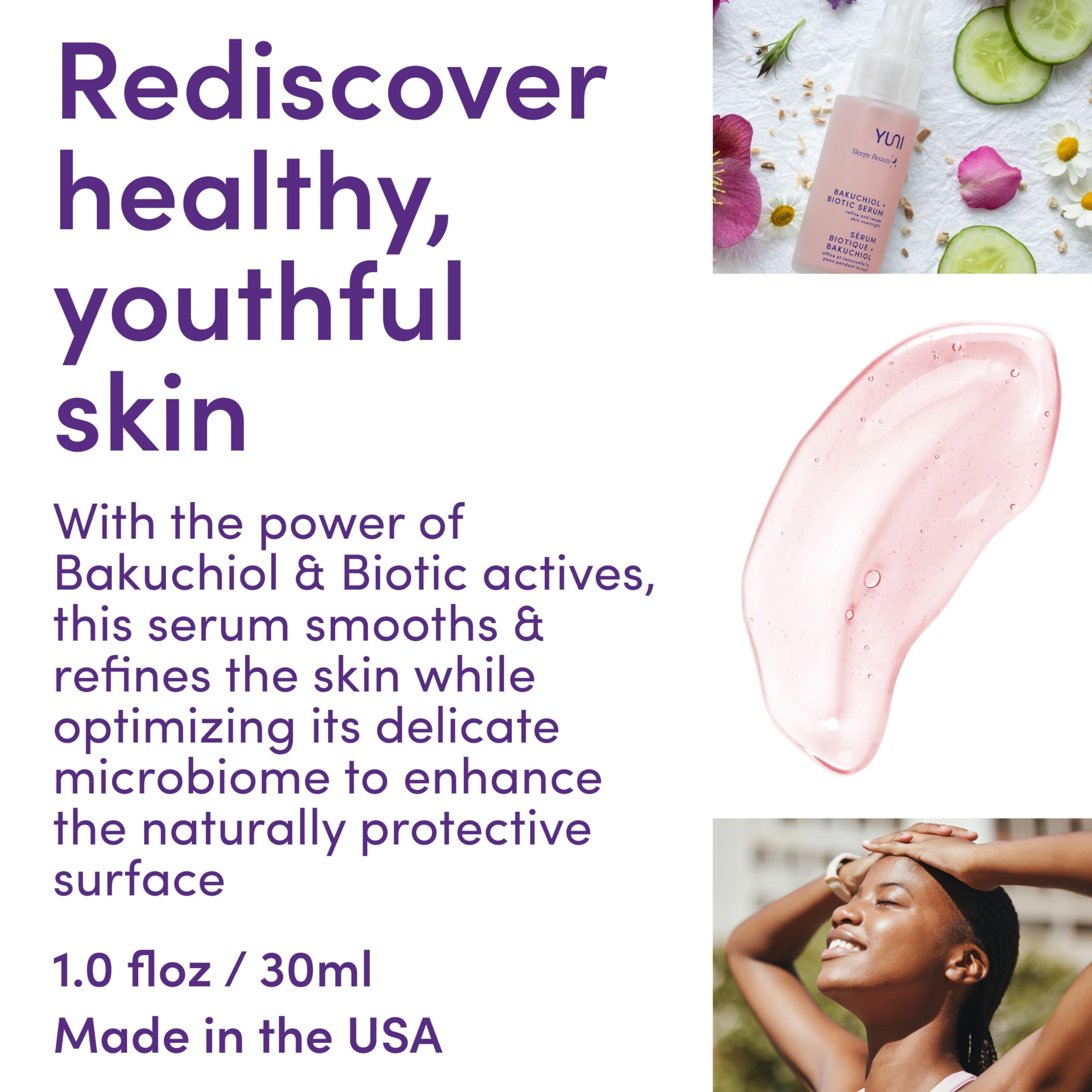 YUNI Sleepy Beauty Bakuchiol and Biotic Face Serum, Natural Retinol Alternative, Refine and Renew Skin Overnight, 1 fl. oz.