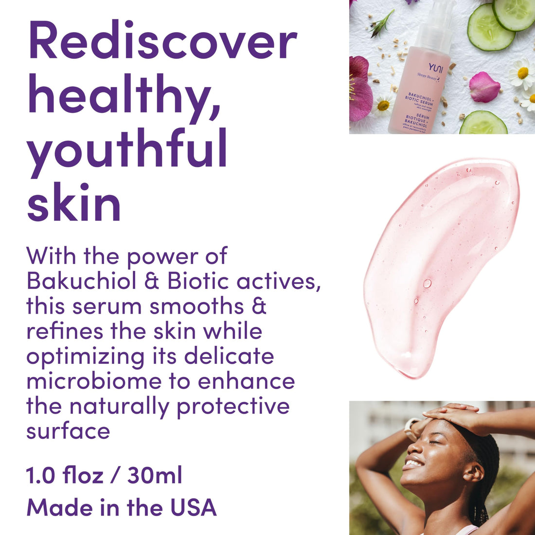 YUNI Sleepy Beauty Bakuchiol and Biotic Face Serum, Natural Retinol Alternative, Refine and Renew Skin Overnight, 1 fl. oz.