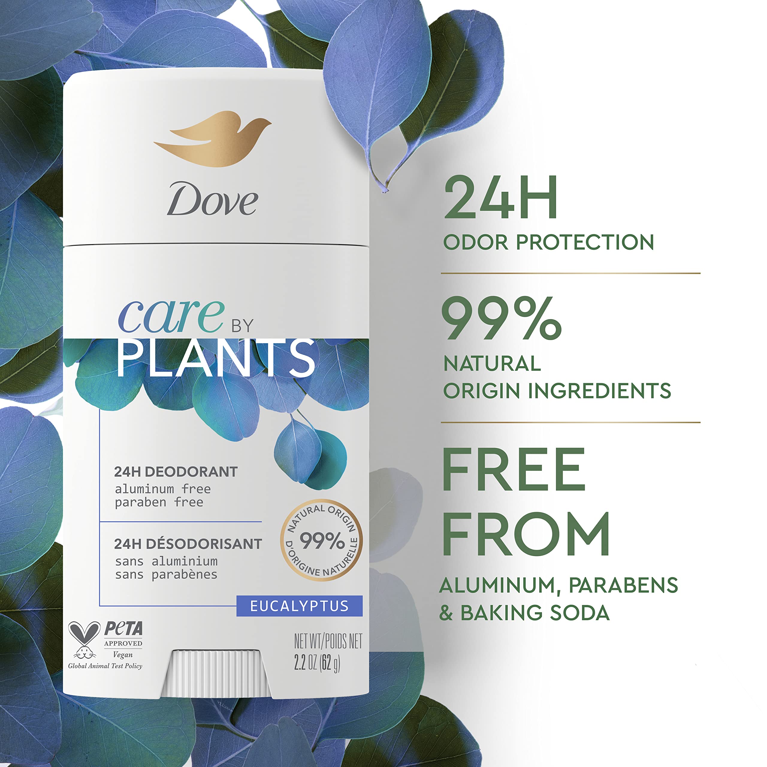 Dove Care by Plants Deodorant Stick for underarm skin care and 24 hour deodorant protection Eucalyptus no aluminum deodorant 2.6 oz 3 Count