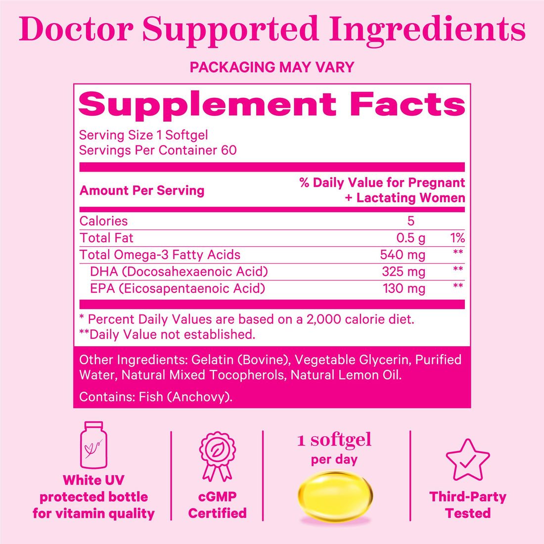 Pink Stork Omega-3 DHA - 540 mg Fish Oil Supplements with DHA and EPA, Prenatal and Postpartum Essentials for Cognitive Health + Fetal Development - 60 Softgels - Packaging May Vary