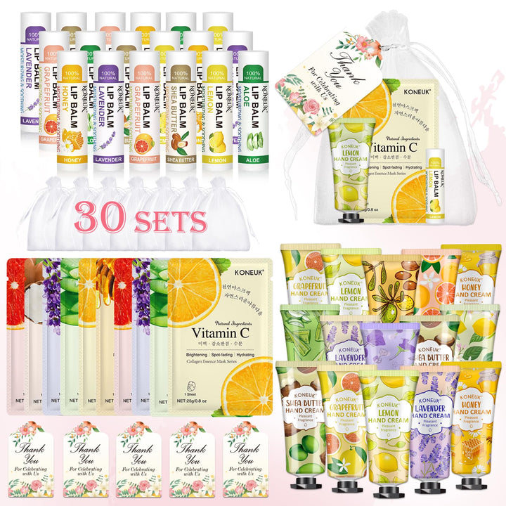 30 Pack Bulk Facial Mask, Bulk Hand Cream and Bulk Lip Balm Sets, Mothers Day Gifts, Nurse Gifts, Bridal Shower Favors and Baby Shower Party Favors for Guests, Teacher Appreciation Gifts for Women