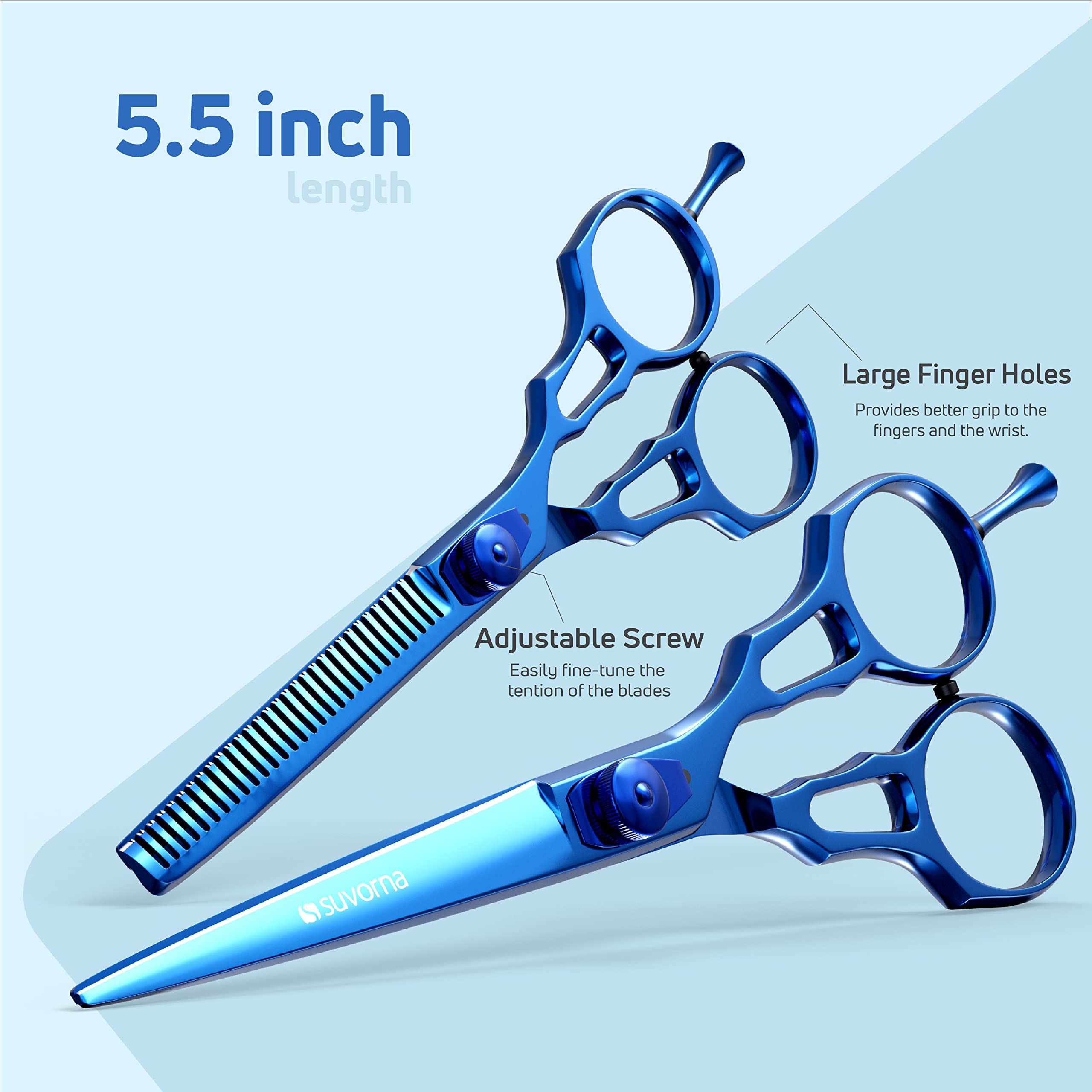 Suvorna Professional Barber Blue Titanium Razor Edge Hair Cutting and Texturizing Scissors Set Razpro P55, Blue, 16 Ounce