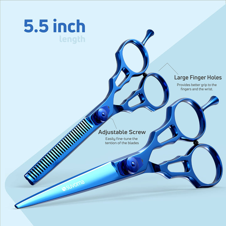 Suvorna Professional Barber Blue Titanium Razor Edge Hair Cutting and Texturizing Scissors Set Razpro P55, Blue, 16 Ounce