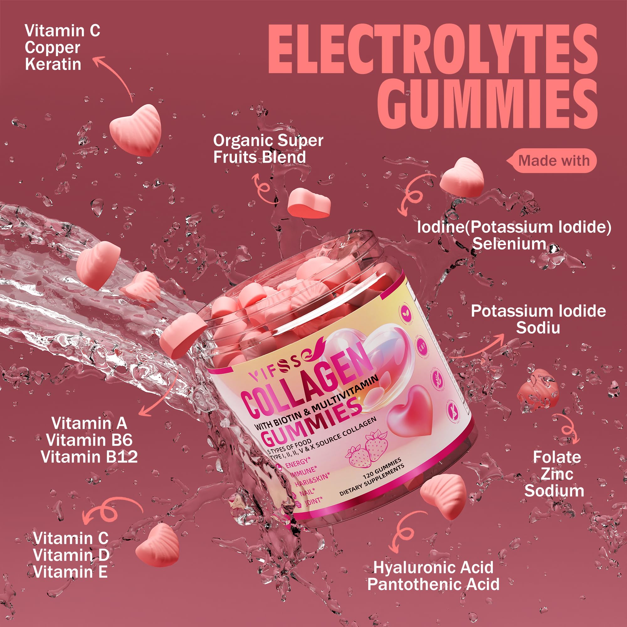 VIFSSG Collagen Peptide Gummies for Women,120 Sugar-Free Hydrolyzed, Extra Strength 2500mg Protein Type I,II,III,V,X with 15000mcg Biotin and Vitamin A B6 B12 C D E for Hair Skin Nail