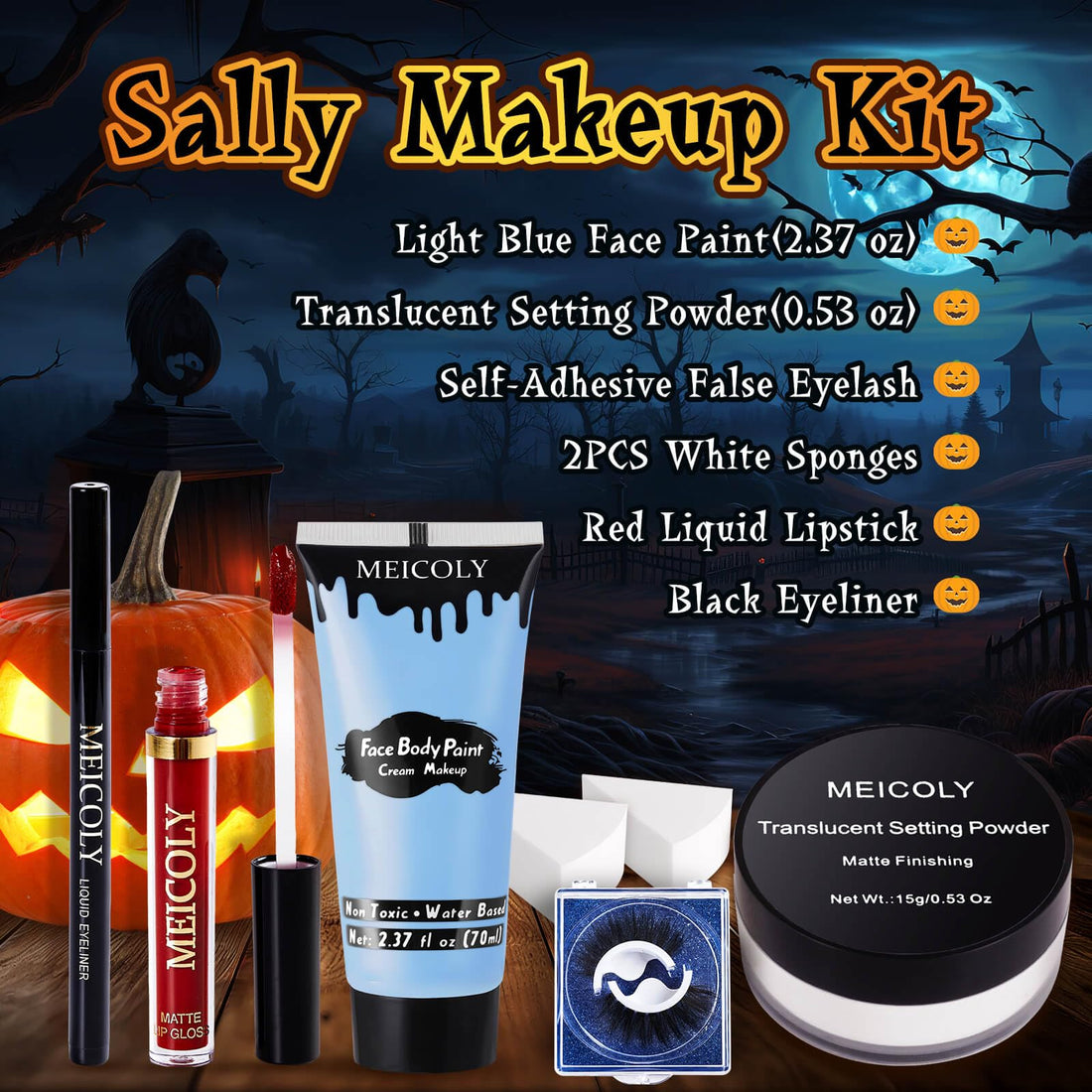 MEICOLY Sally Makeup Kit,Professional Sally Costume Corpse Bride Makeup,Light Blue Face Paint and Setting Powder Halloween Makeup Kit,Sally Face Cosplay,Liquid Eyeliner+False Eyelash+Lipstick+Sponges