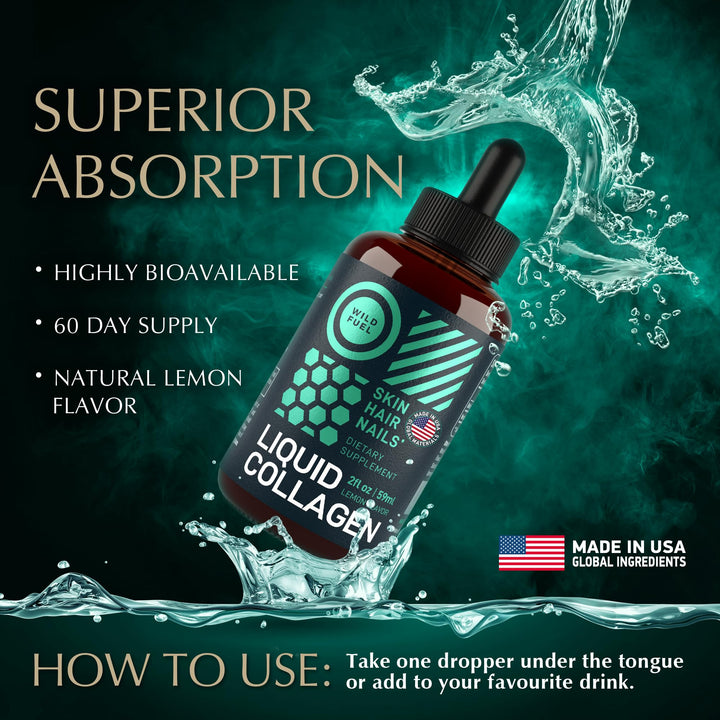 WILD FUEL Liquid Collagen Peptides with Biotin Drops - Youthful Skin, Hair Growth, Strong Nails - 10,000mcg Collagen Liquid for Women and Men, 5,000 mcg Biotin - Lemon Flavor - 2x2oz