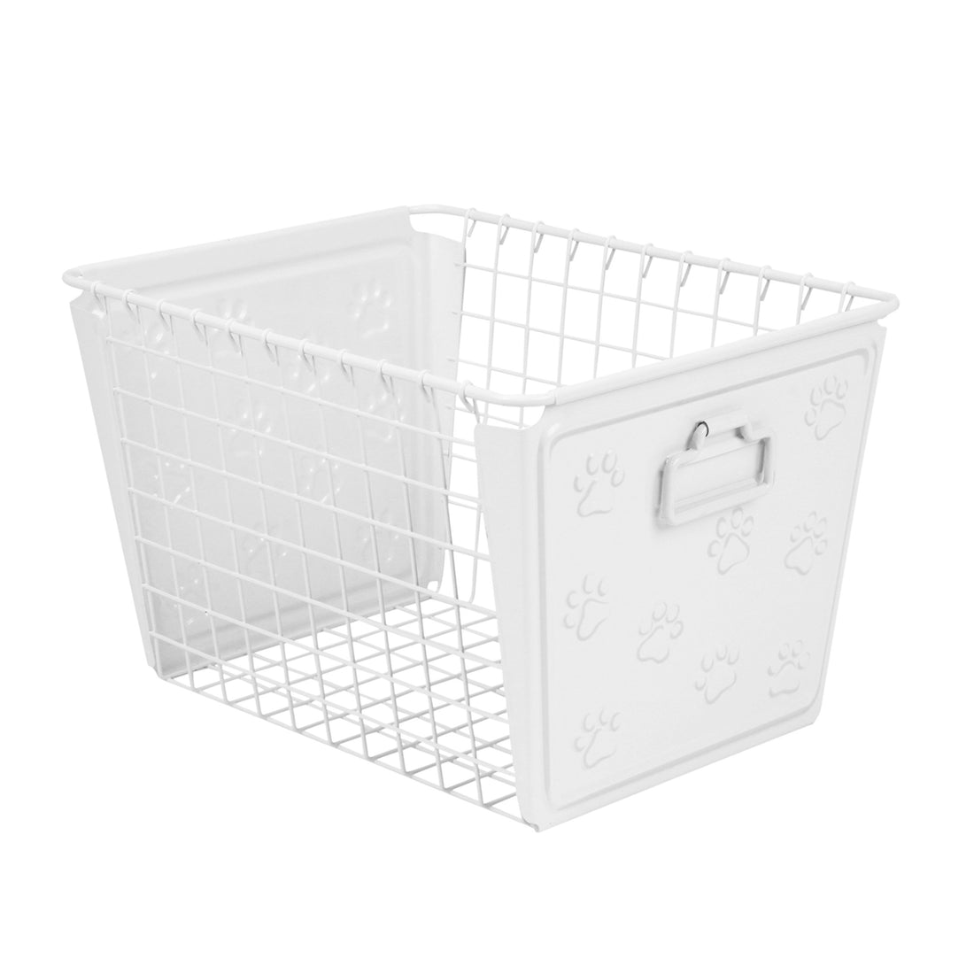 Spectrum Macklin Paw Printed Wire Basket Medium with Label Plate (White) - Storage Bin & Décor for Bathroom, Closet, Pantry, Under Sink, Toy, Shelf, Kitchen, & Nursery Organization
