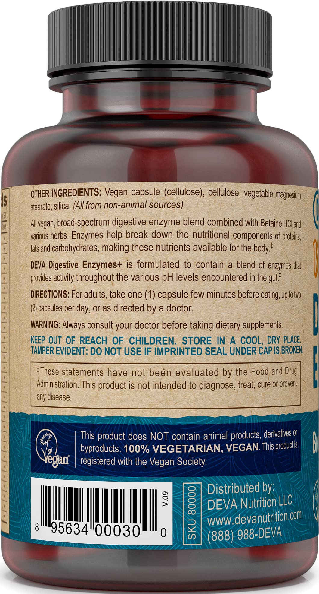 DEVA Vegan Vitamins Digestive Enzymes Plus Supplement - A Unique Blend of Enzymes & Herbs - 90 Capsules, 1-Pack