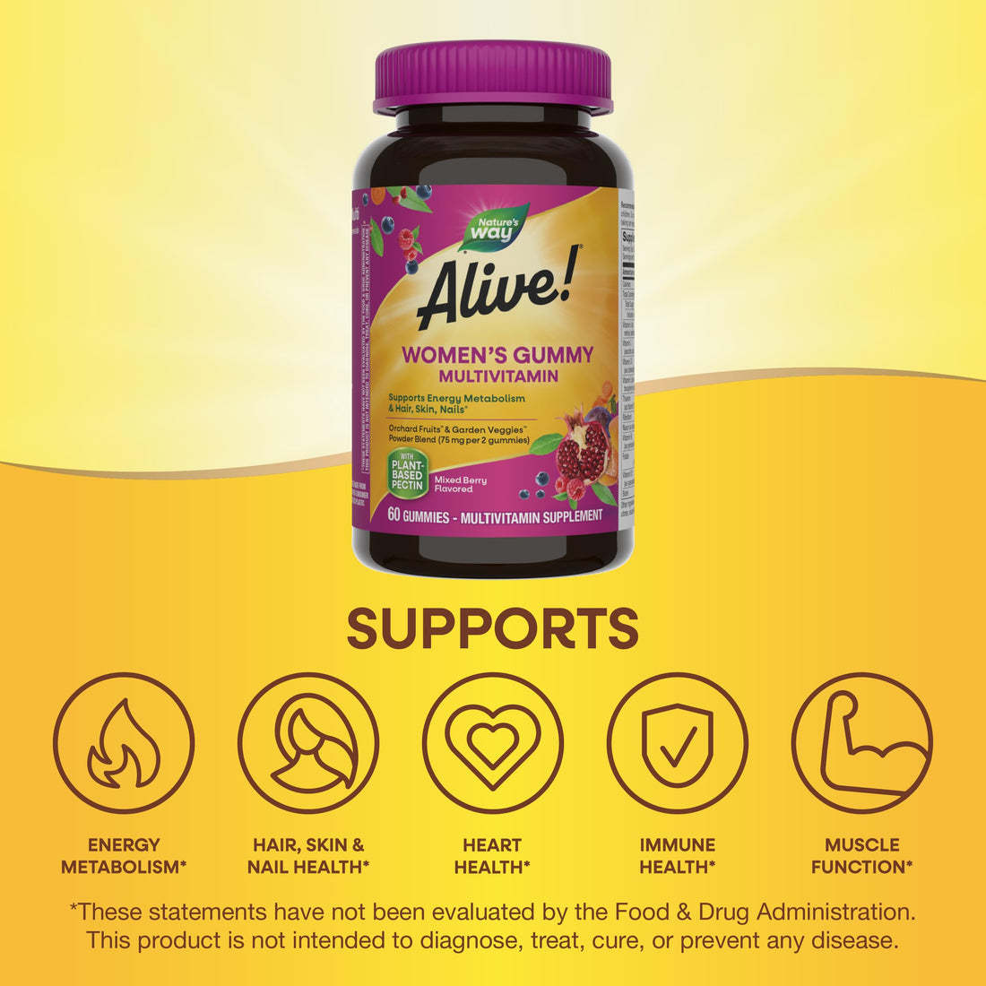 Nature's Way Alive! Women’s Gummy Multivitamin, 16 Vitamins & Minerals, Energy Metabolism*, Hair Skin & Nails*, Vegetarian, Mixed Berry Flavored, 60 Gummies (Packaging May Vary)