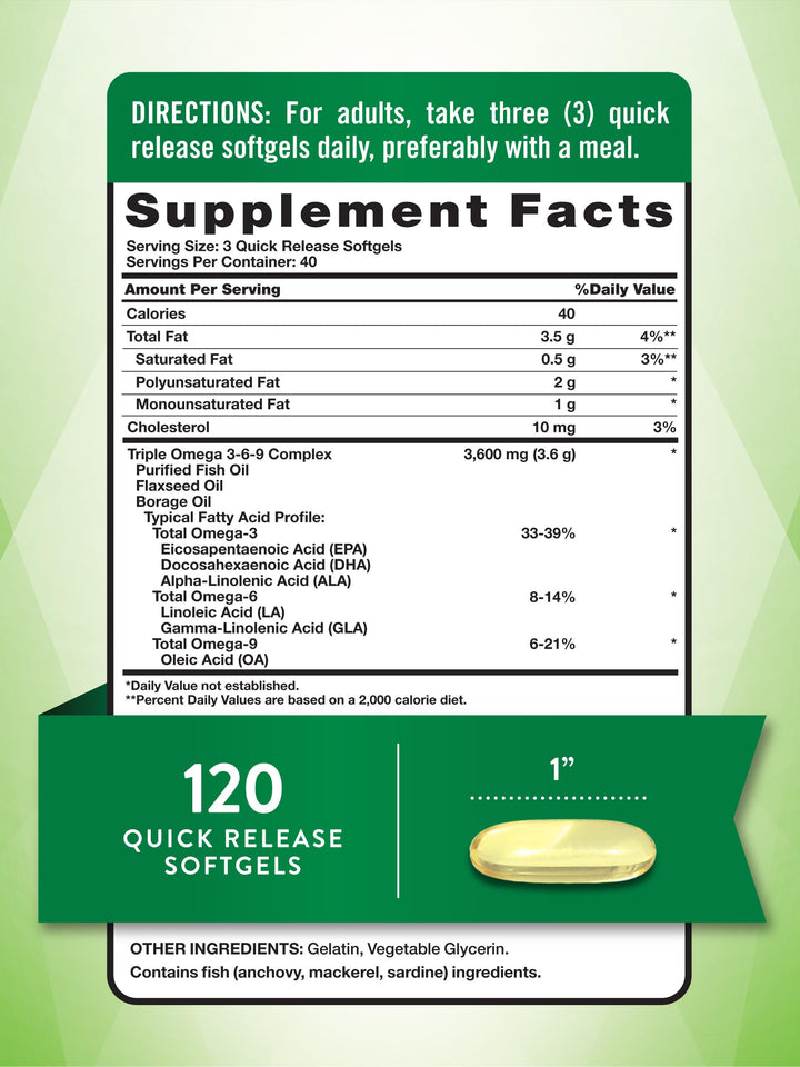 Nature's Truth Omega 3-6-9 Softgels | 3600mg | 120 Count | Fish, Flax, & Borage Oil | Triple Strength | Non-GMO & Gluten Free Supplement
