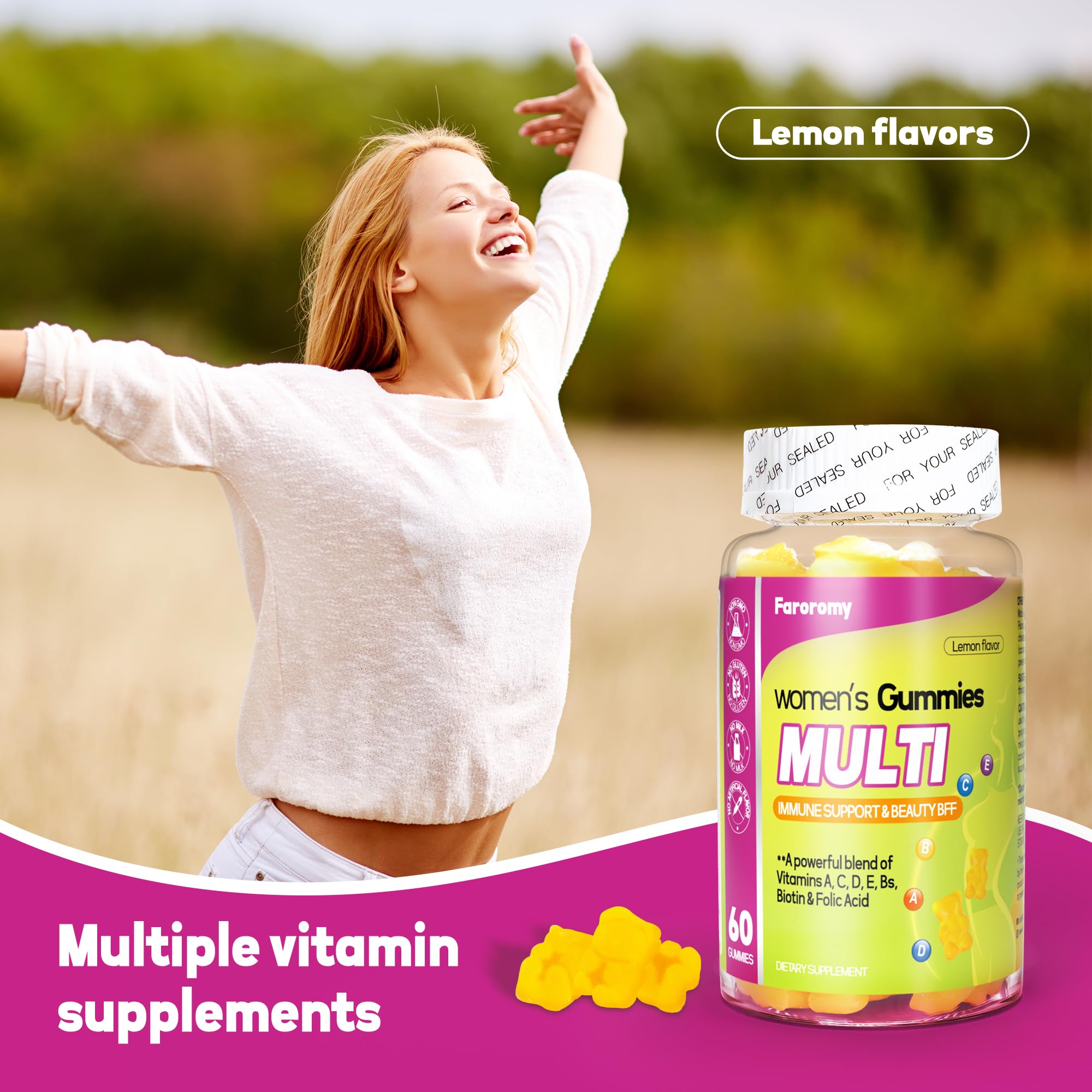 Faroromy Multivitamin for Women Gummies Lemon Flavored Vitamins Daily Multivitamin with Vitamins A, C, D, E, B6 and B12, 30 Day Supply, 60 Count