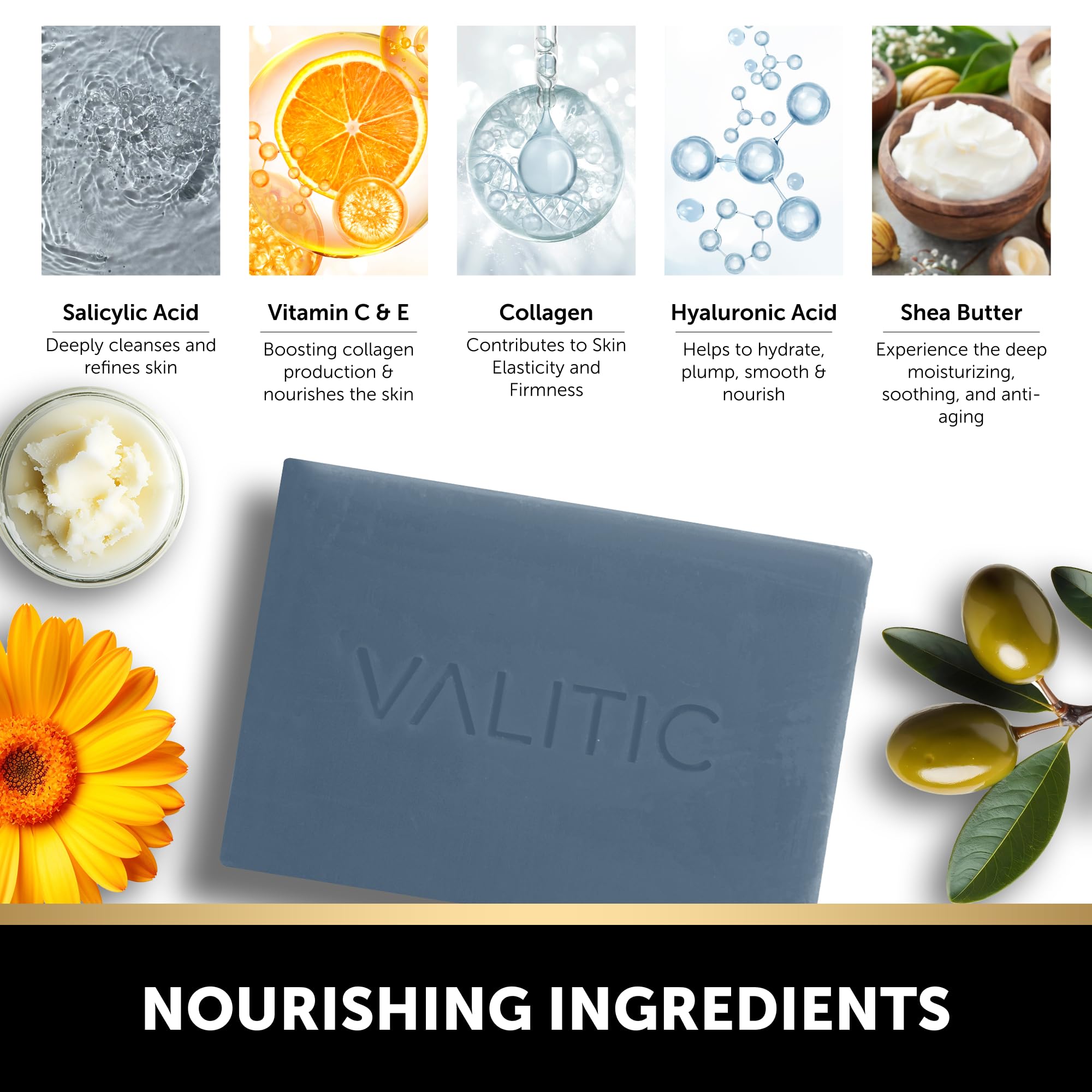 VALITIC Salicylic Acid and Vitamin C Soap Bar - Facial Cleanser and Exfoliating Body Wash for Blackheads, Enlarged Pores and Blemish Skin with Collagen, Hyaluronic Acid, Vitamin E - 2 Pack