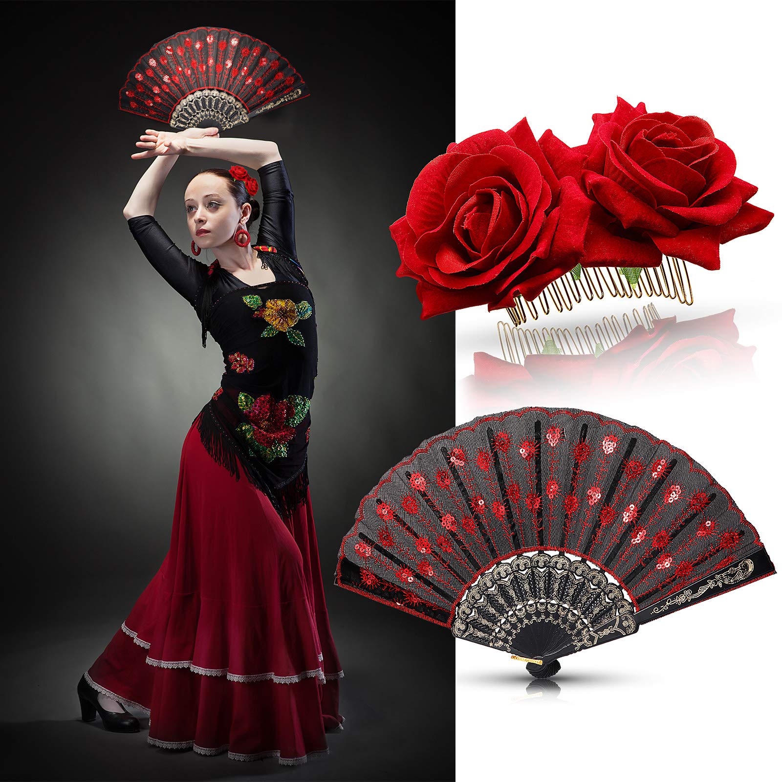 2 Pieces Women Rose Flower Hair Clip and Embroidered Sequins Fabric Handheld Folding Fan Hair Accessories for Flamenco Dancer Costume Accessories Girl Cosplay Party