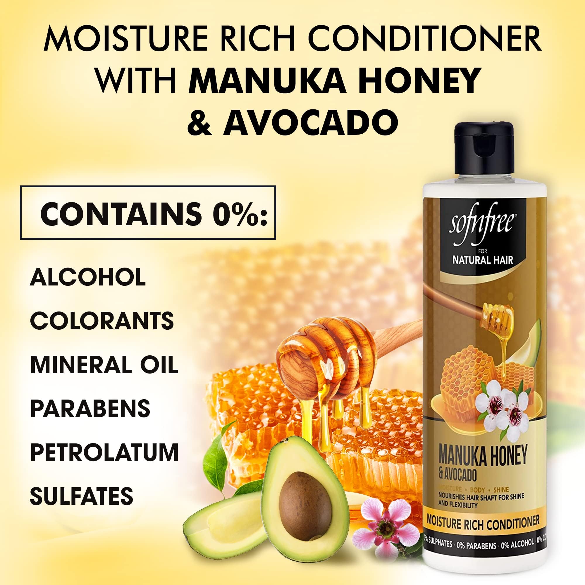 Sofn’free Moisture Rich Conditioner with Manuka Honey & Avocado Natural Hair Butter and Hair Moisturizer for Coily & Curly Hair - 11.83 Fl Oz (Pack of 1)